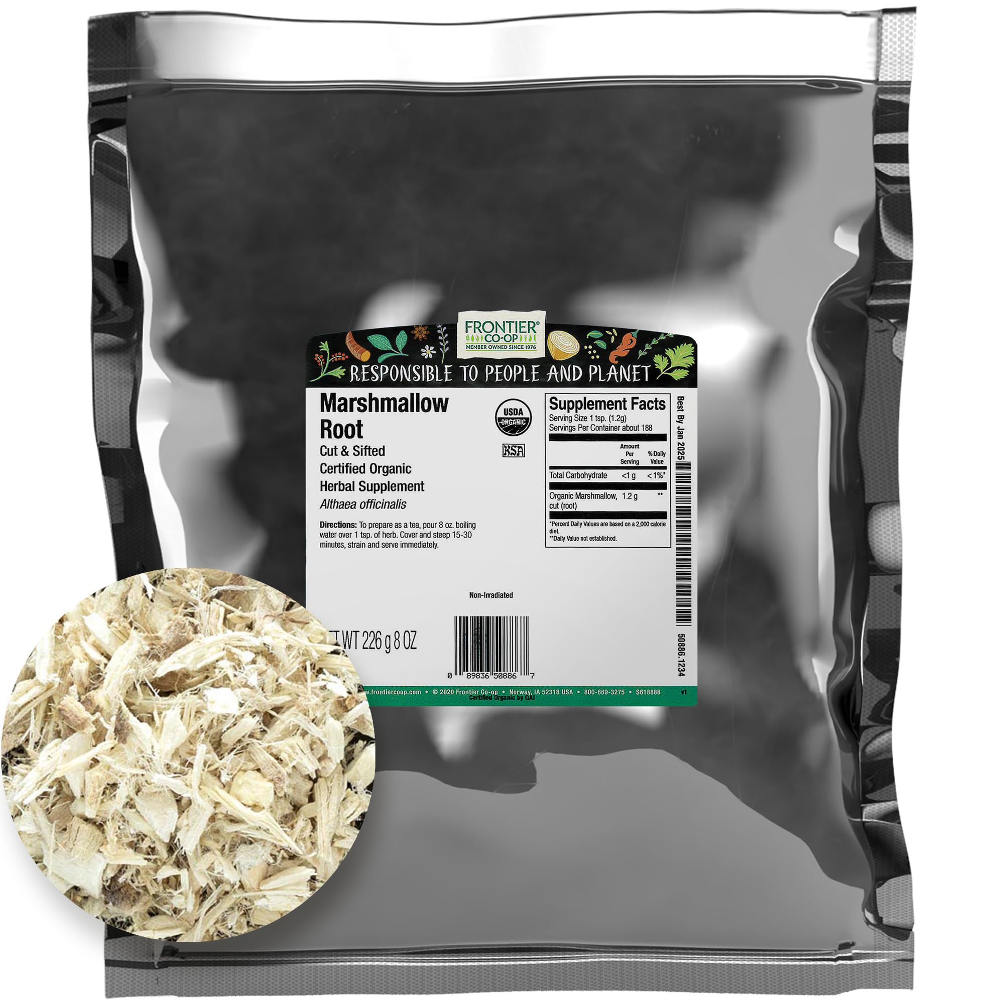Frontier Co-op Organic Marshmallow Root Herb, Cut and Sifted, 1lb Bulk Bag – Perfect for Marshmallow Root Tea, Powder, Capsules and MoreUSDA Organic