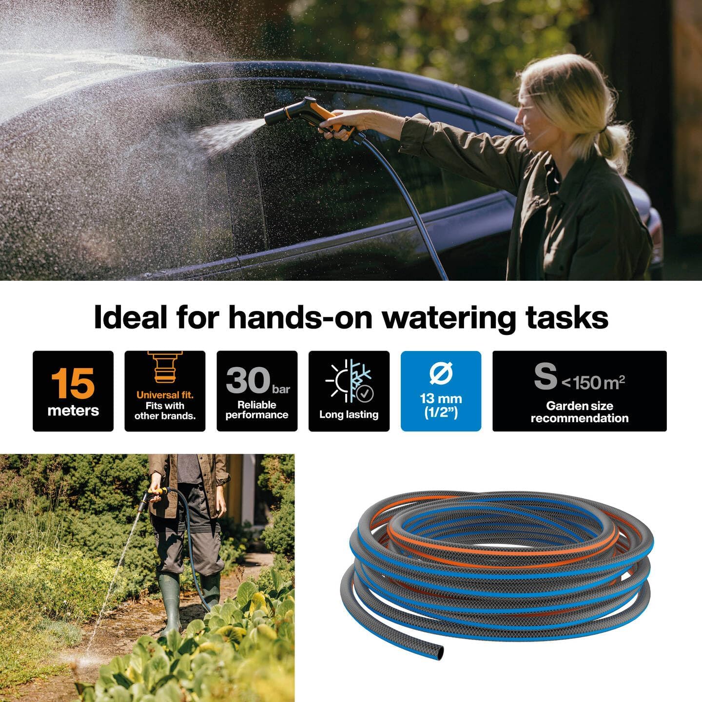 Fiskars Garden Hose S, X-series, Water Hose for Manual Watering, 13 mm (1/2 Inch), Length: 15 m, Universal Connection, UV-Protected, Frost-Protected, Torsion-Resistant, Blue, 1076044