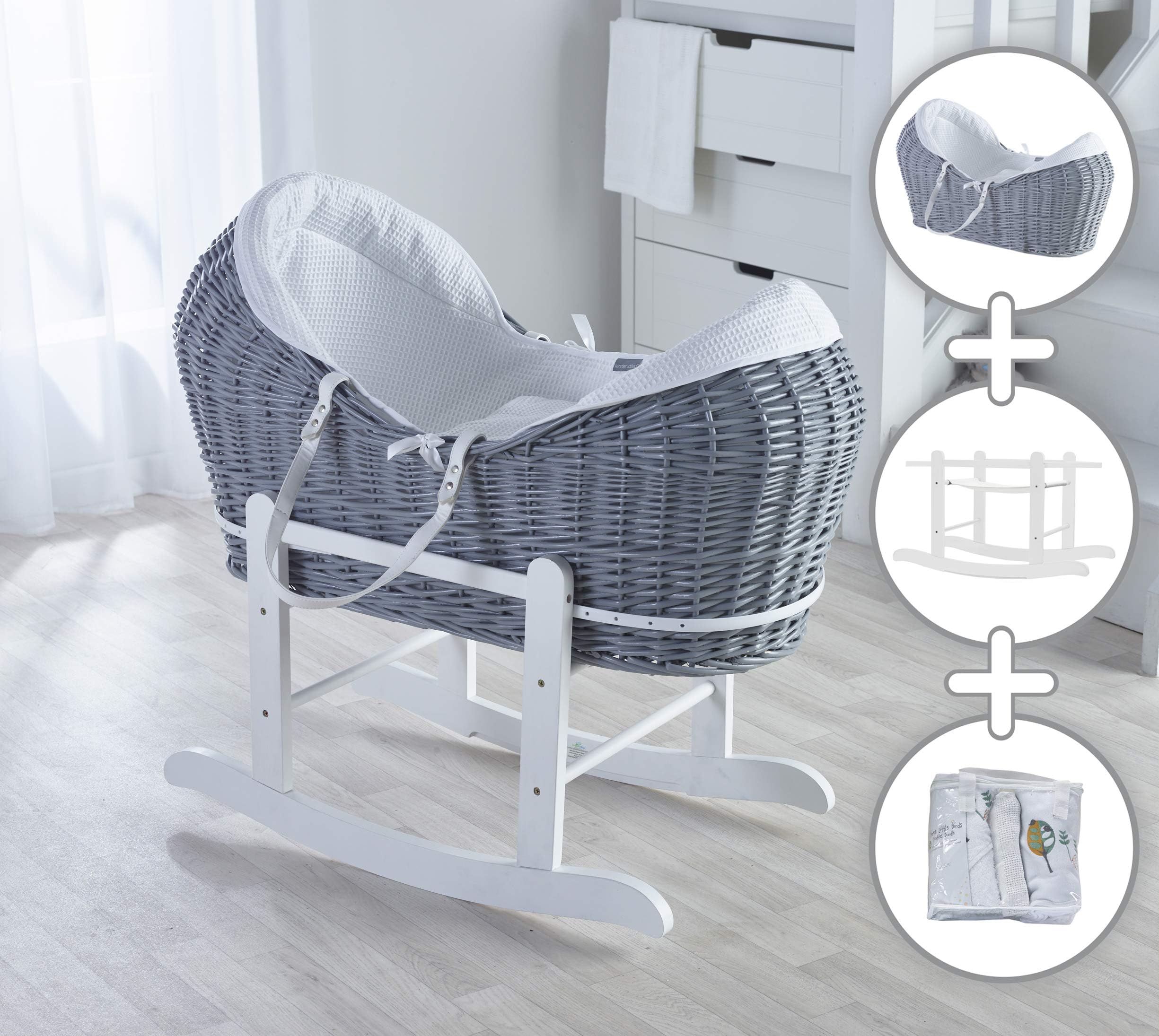 Kinder Valley White Waffle Grey Wicker Noah Pod Moses Basket with Deluxe White Rocking Stand and 3PC Textile Bundle