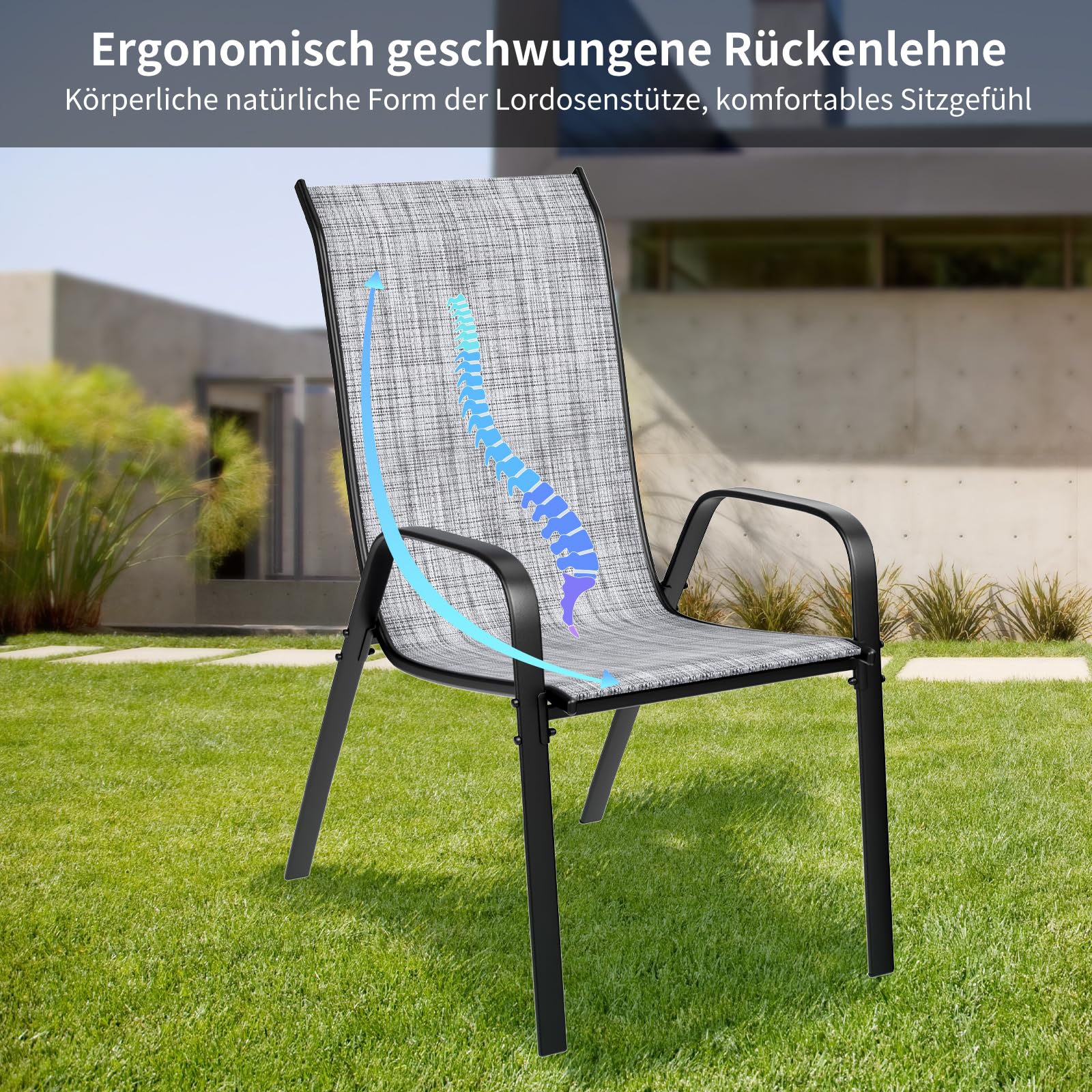LIFERUN Sedia da giardino impilabile, da campeggio, impilabile, con schienale alto, in acciaio textilene, per giardini, cortili, balconi, ristoranti, 150 kg, portata: 54 x 69 x 93 cm 6pcs Lino grigio