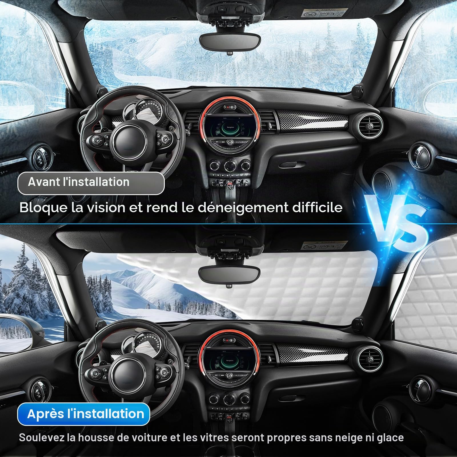 Demi-Housse de Voiture pour 2005-2023 Ford Mustang S197 S550 S650 | 6 Couches, avec Crochets, Bande Réfléchissante et Capuchons D'oreilles, Contre Neige Glace et Givre
