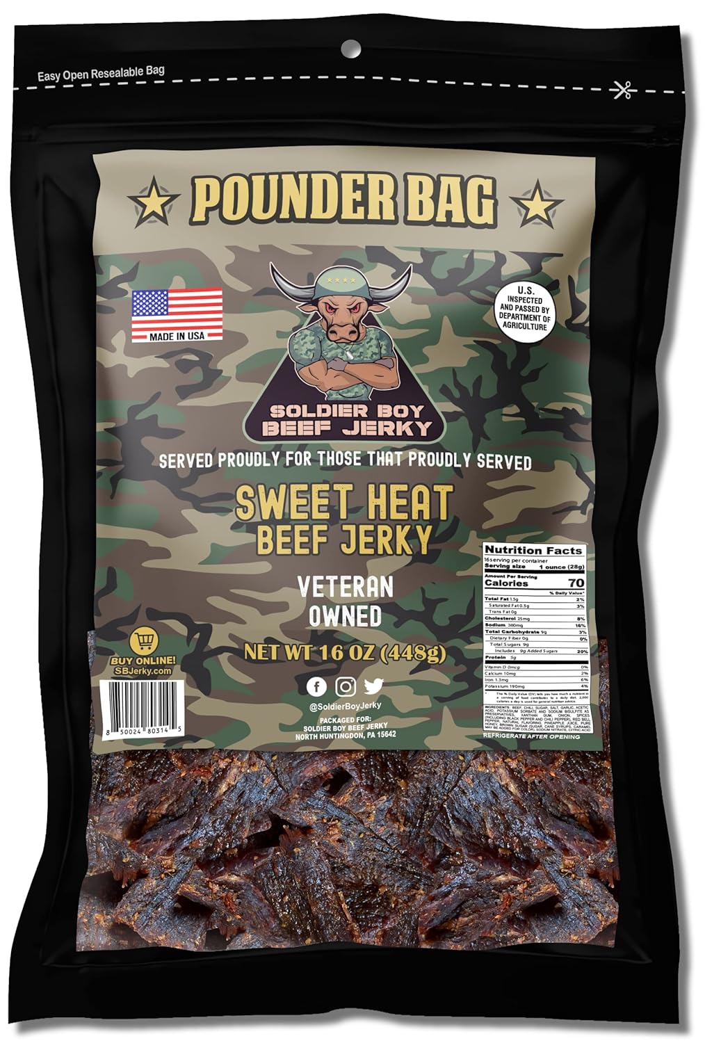 Soldier Boy Beef Jerky Sweet Heat One Pound Resealable Bag
