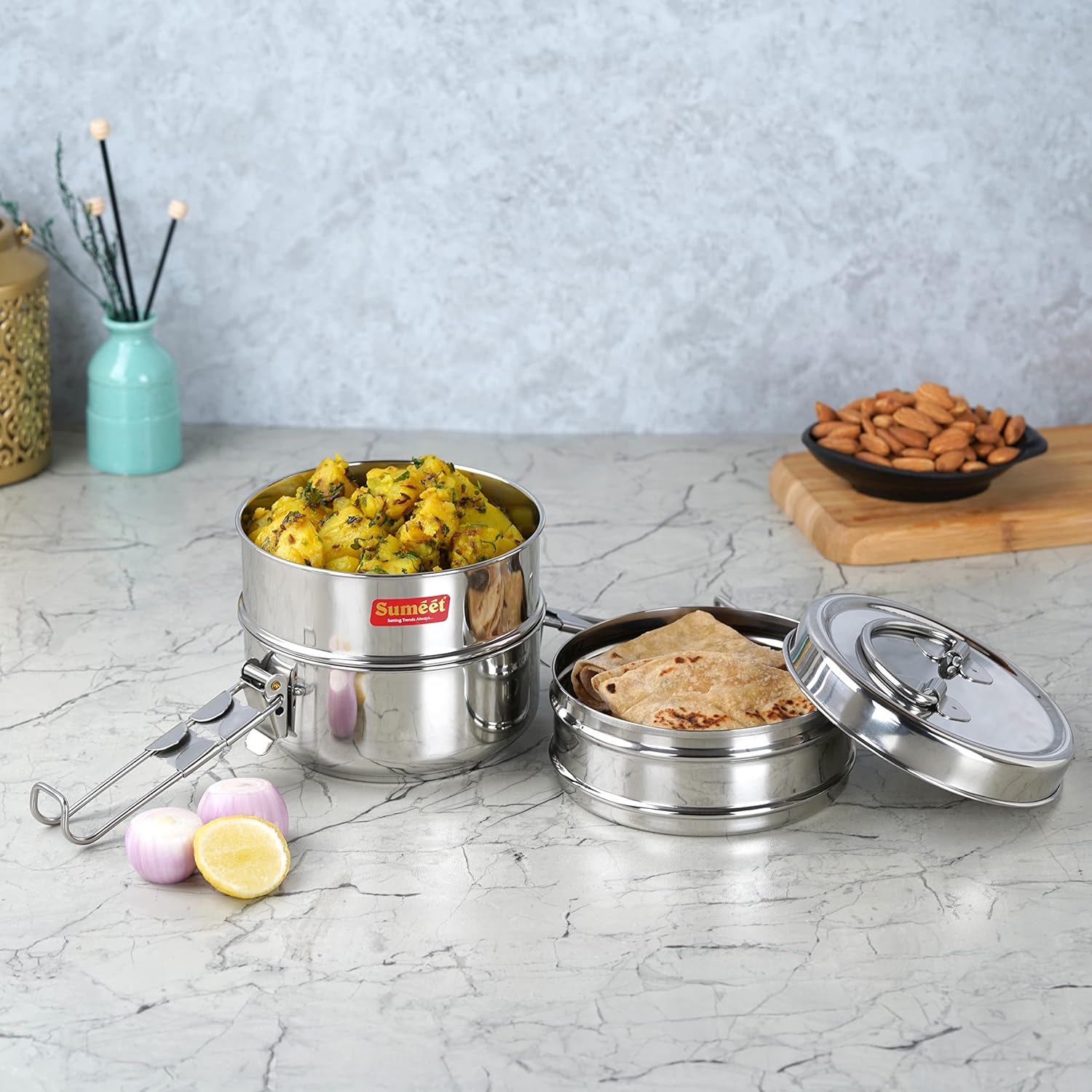 Sumeet Stainless Steel 3 Compartment Lunch Box/Tiffin with Lid and Handle, 11.5Cm Dia, (1500ML, Silver)