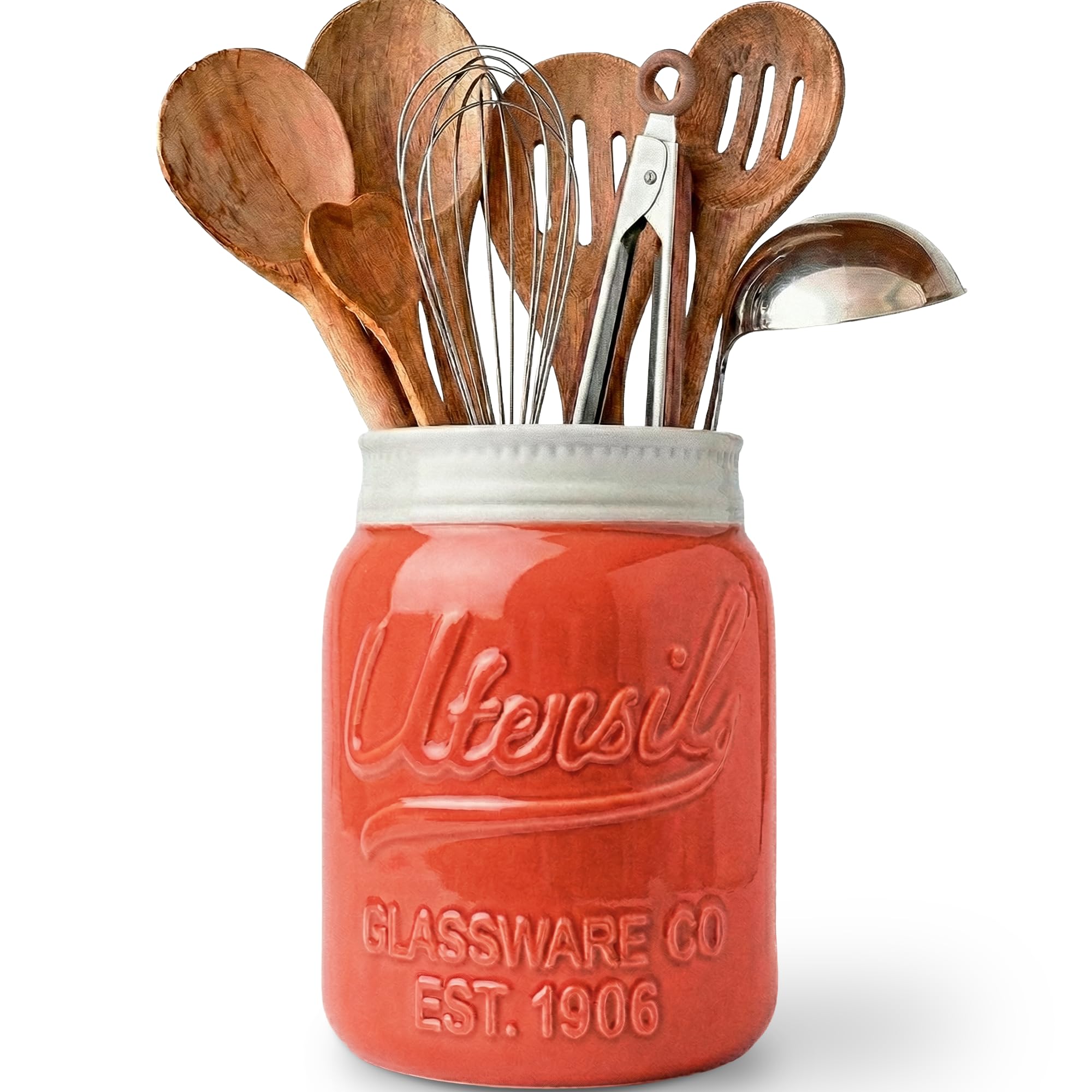 Comfify Wide Mouth Mason Jar Utensil Holder Decorative Kitchenware Organizer Crock, Dishwasher Safe - Kitchen Caddy, Large Size 7" High - Coral