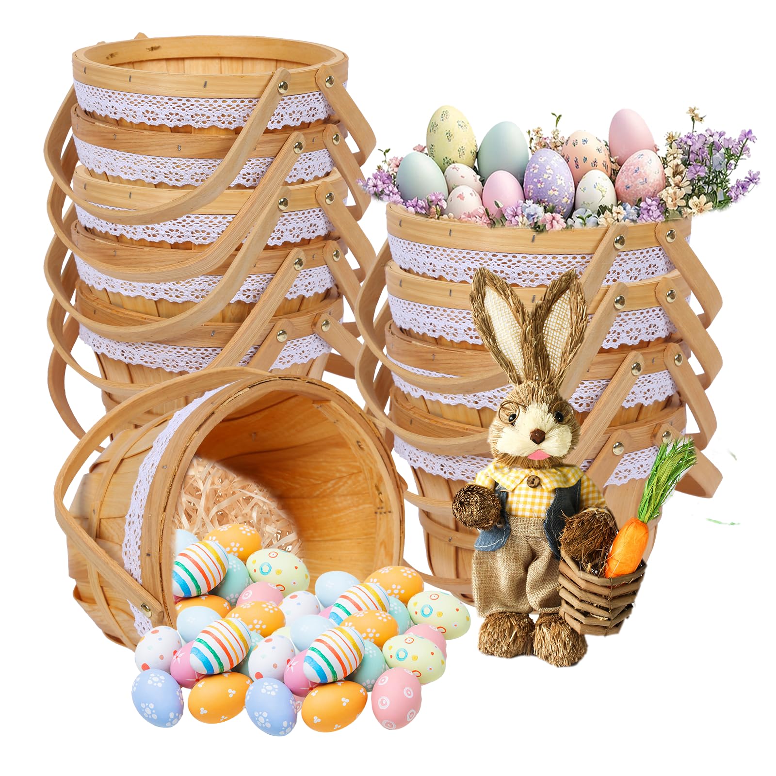 Round Picnic Basket Wooden Apple Basket 10" x 6.5" Garden Farm Fruit Basket Woven Flower Bucket for Fruits and Vegetables Outdoor Picnic Camping Gift