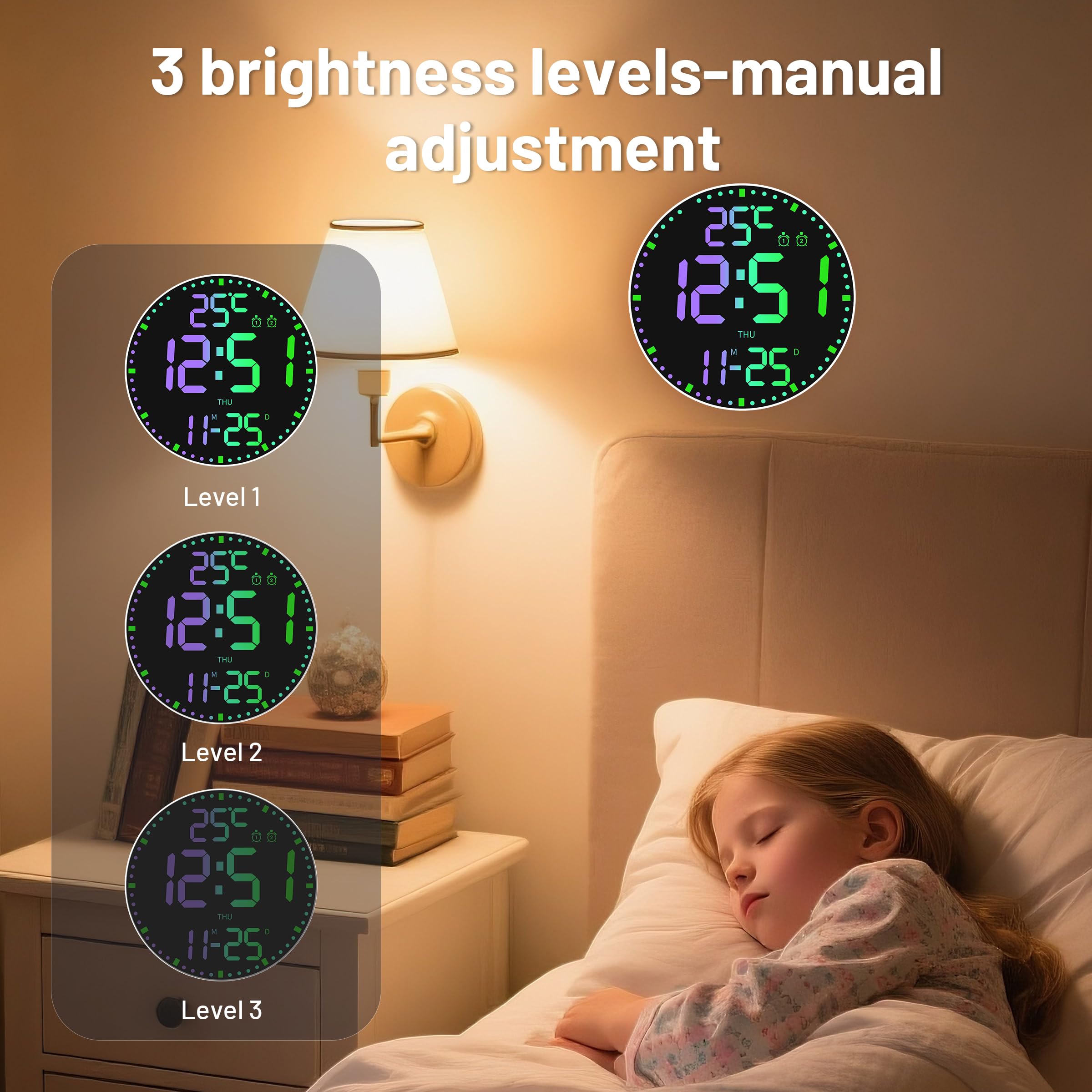 Groß Wanduhren Digital Rund, 30 cm/11.6" LED Bildschirm, 12 RGB-Farben, Große Digitale Wanduhr mit Fernbedienung, LED Wanduhren, Automatische Helligkeit, Wecker