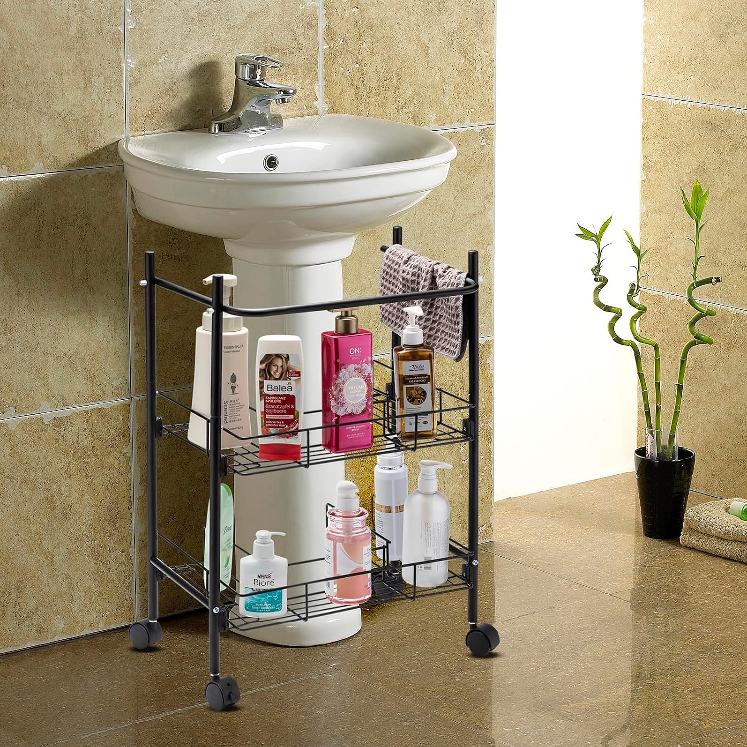 L&H UNICO Under Sink Organizers 2-Tier Removable Shelf Wire Storage Rack for Kitchen Bathroom with Towel Bar, Black