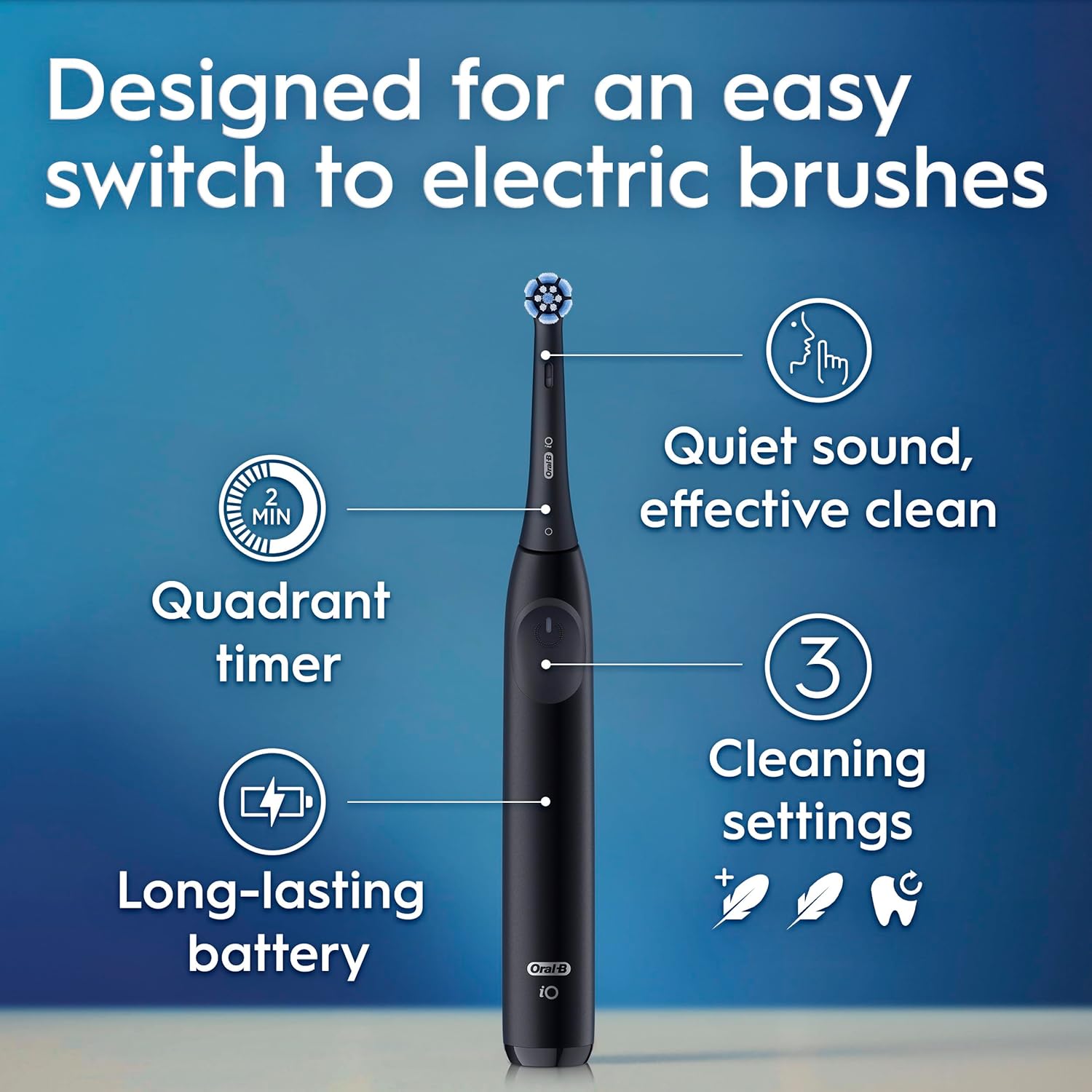 Oral-B Rechargeable Electric Toothbrush, iO2, 3 Cleaning Modes, Automatic Pressure Sensor to Protect Gums, Dark Blue