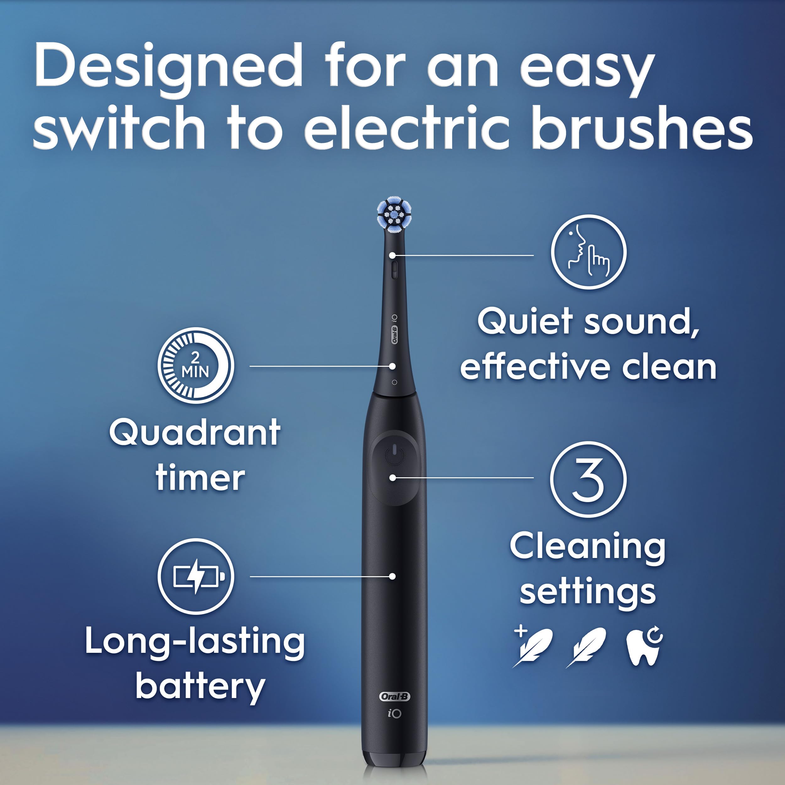 Oral-B iO Cepillo de dientes eléctrico, serie 2, recargable, azul oscuro con 1 cabezal de cepillo de cuidado suave, sensor de presión automático para proteger las encías, 3 modos, temporizador de 2