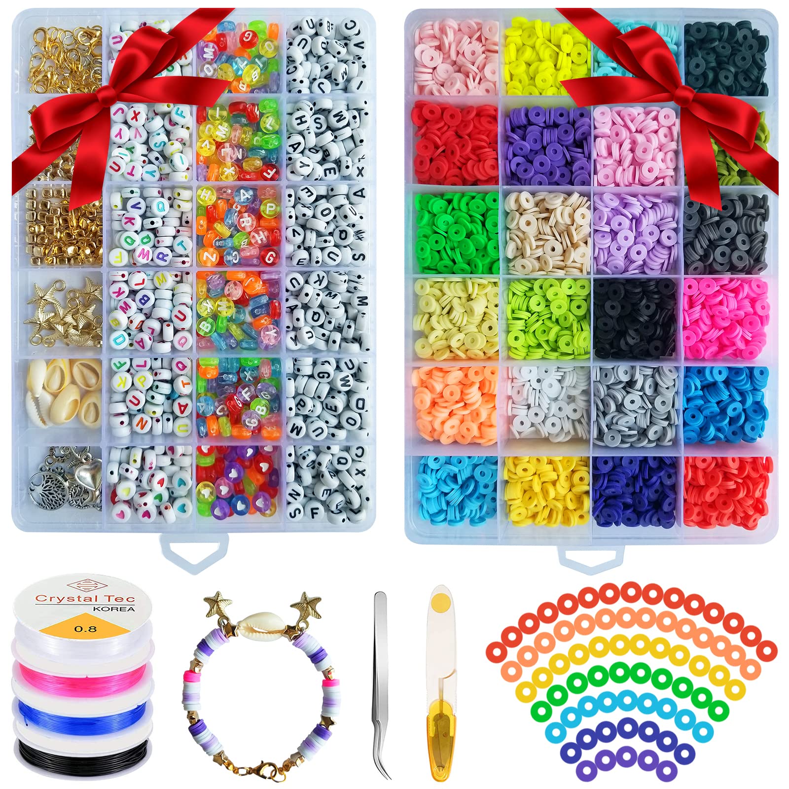 6000PCS Polymer Clay Beads for Jewelry Making, Bracelet Making Kit with 24 Colors 6MM Flat Beads and 900PCS Letter & Heart Beads for DIY Jewelry Bracelets Necklace and Other Craft Projects