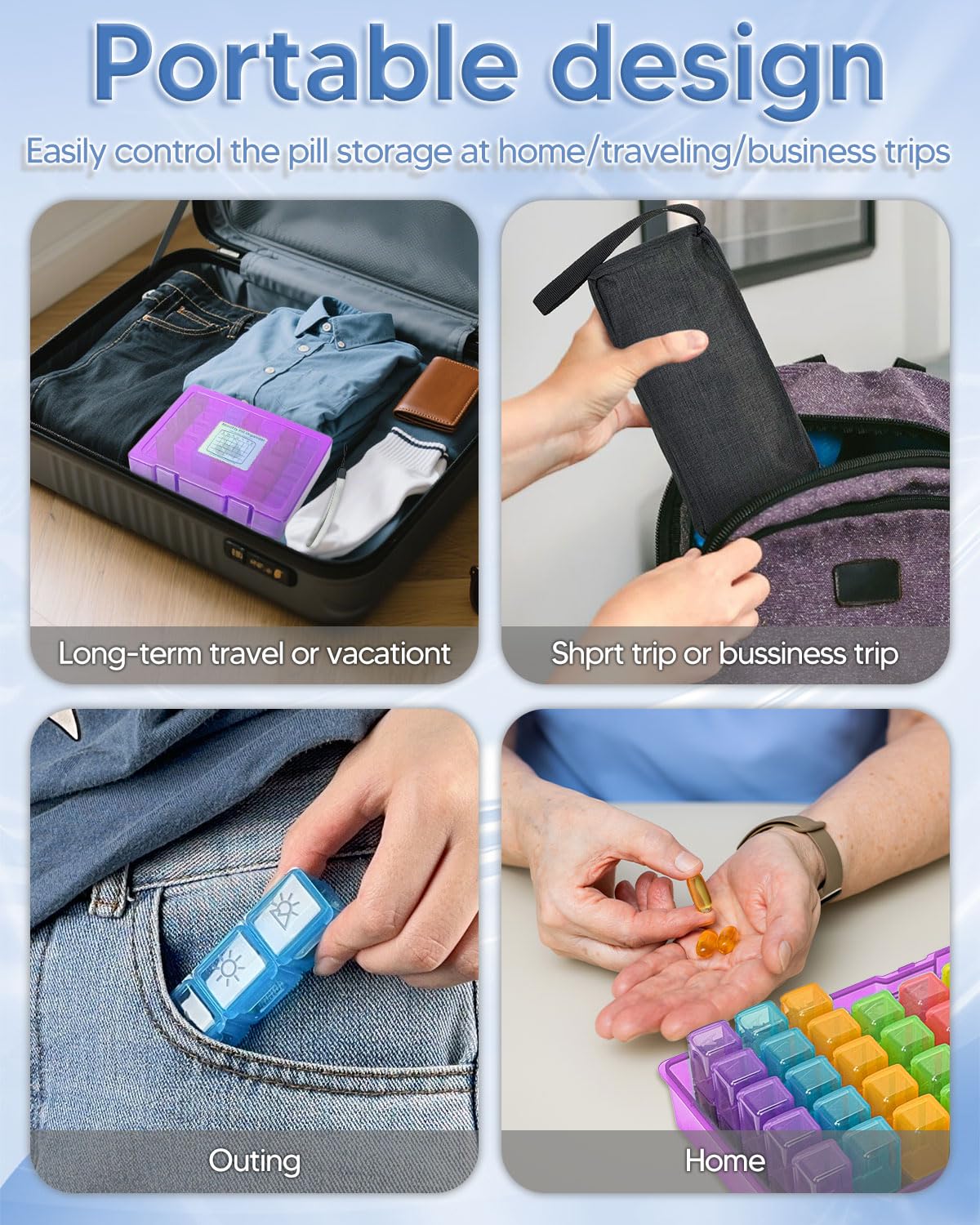 Monthly Pill Organizer 2 Times a Day, FRIWOLE Medicine Box with Portable Weekly Pill Bag, Pill Taker Remover, Pill Cutter and 2 Sticker (Purple, 2 Times a Day)