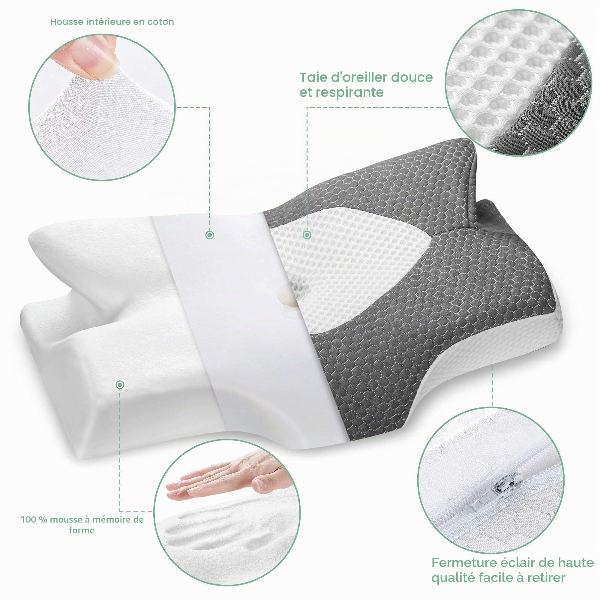 Elviros Oreiller Cervical en Mémoire de Forme Ergonomique Soutien Nuque | Adapté pour Dormir sur Le Côté, sur Le Dos et sur Le Ventre, Coussin Ergonomiques Cervical pour la Nuque, 64x38x12,5cm