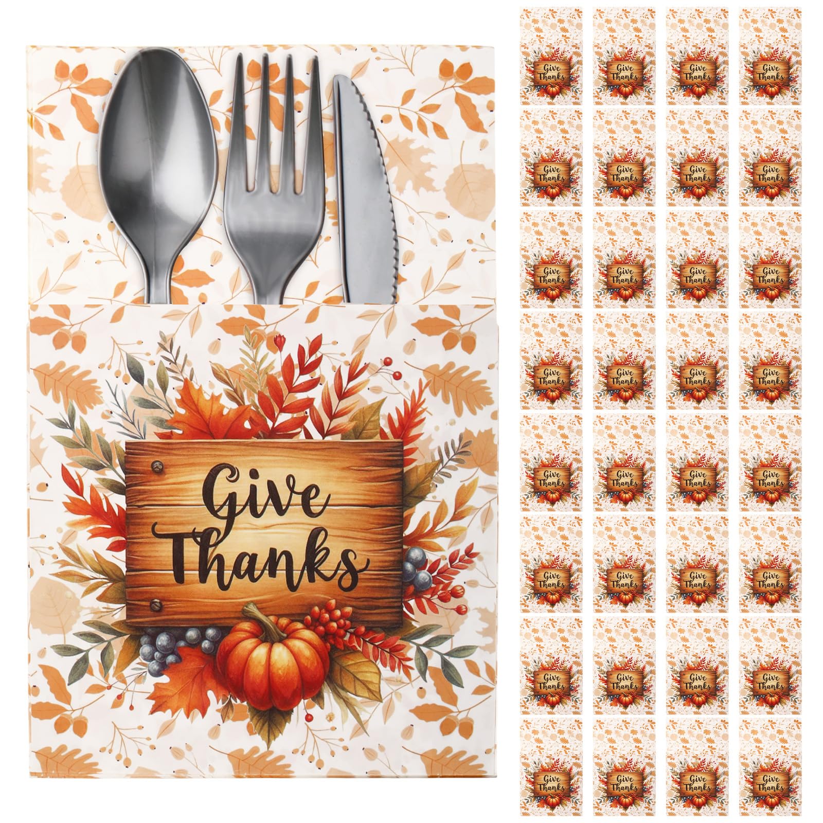 Eaasty 36 Pcs Thanksgiving Cutlery Holder Give Thanks Silverware Paper Pouch Thanksgiving Utensil Table Decor Fall Cutlery Wraps for Autumn Fall Harvest Party Dinner Table Decoration