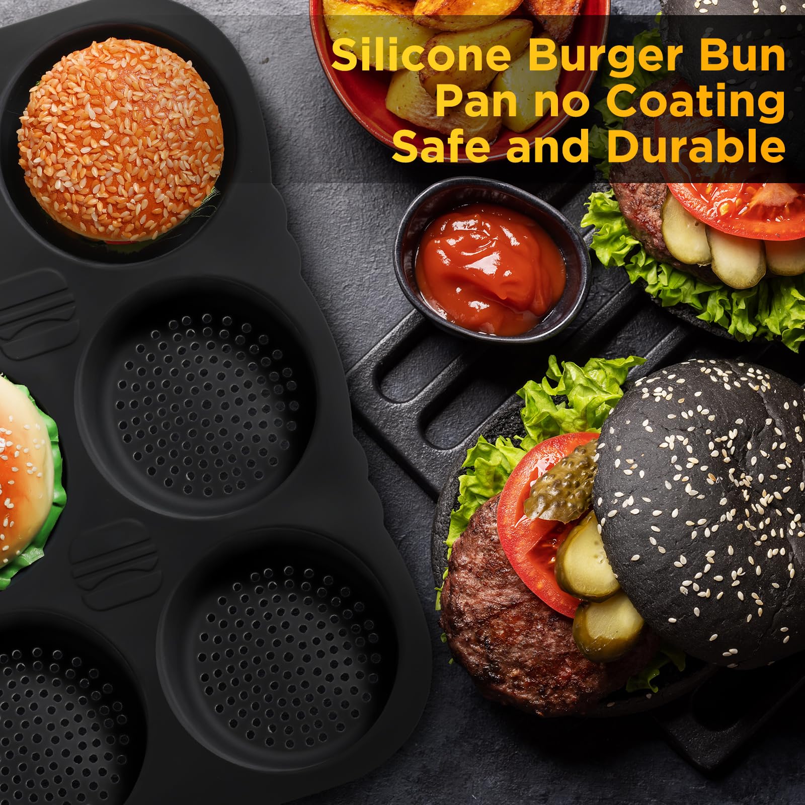 FillTouch Juego de 5 moldes de silicona para panecillos de hamburguesas de 4, 6, 9 tazas, con cepillo de espátula, antiadherentes, para hornear pan casero, bandeja para hornear sándwich, refrigerador,