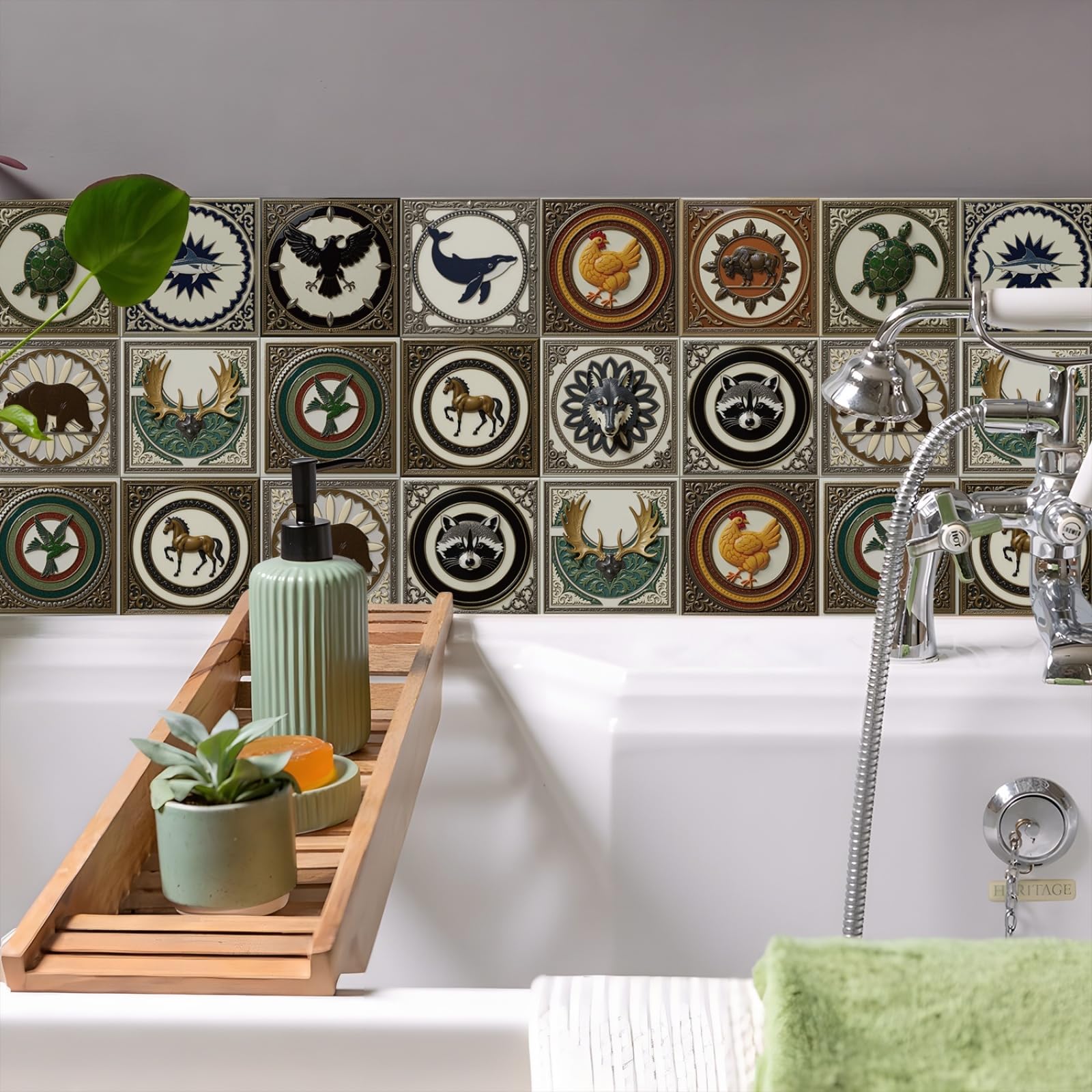 Azulejos Adhesivos Baño 15x15 cm Verde Marrón Animales Vinilo Pared Cocina Pelar Y Pegar Impermeable para Muebles Chimenea Gabinete Baldosas Adhesivas Pared Decorativos 24 Piezas