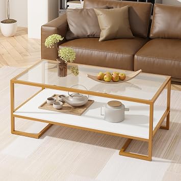 41 Inch Rectangle Coffee Table with Tempered Glass Top, White
