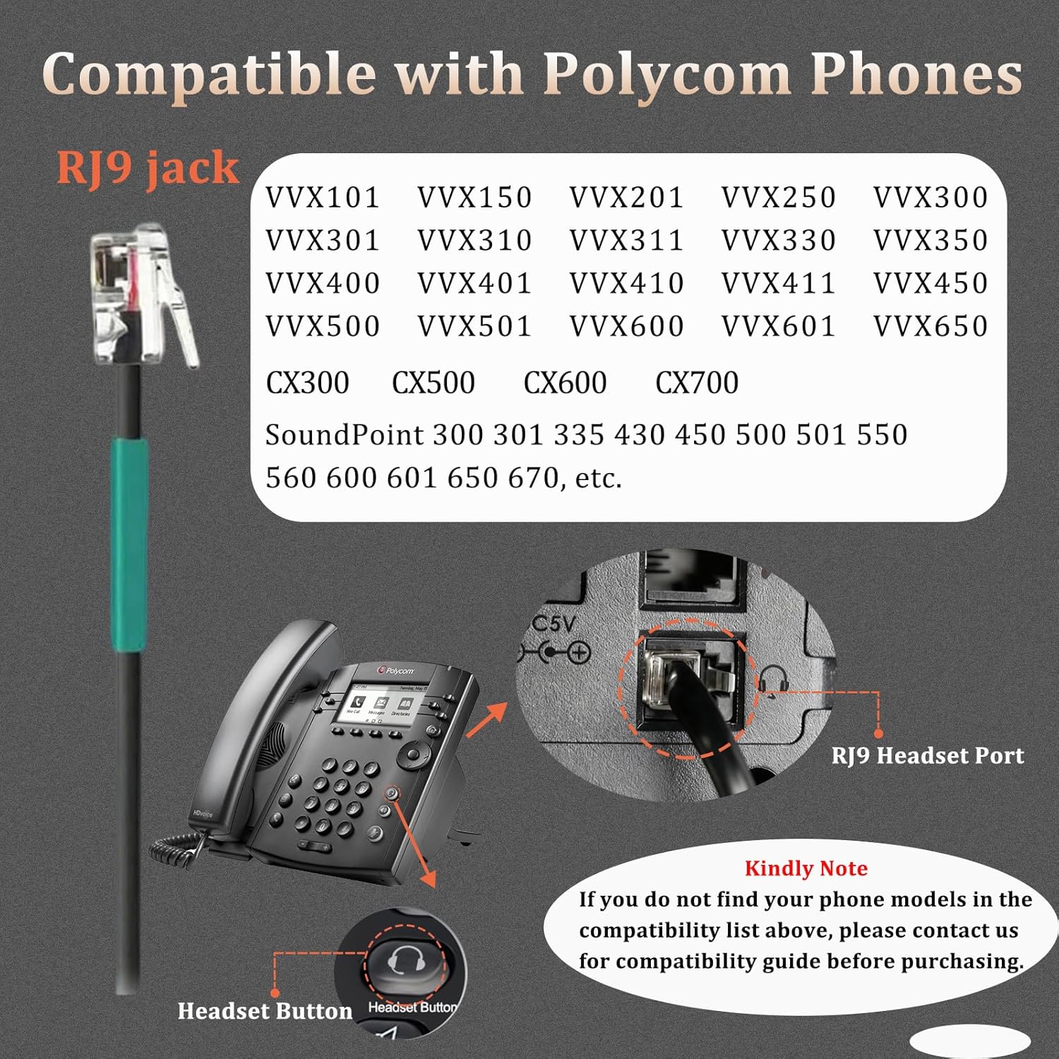 Callez RJ9 Polycom Phone Headset with Noise Cancelling Mic & Volume Controls, Telephone Headset for Office Compatible with Polycom VVX250 VVX400 VVX410 VVX411 VVX311 VVX500 VVX601 Landline Phones