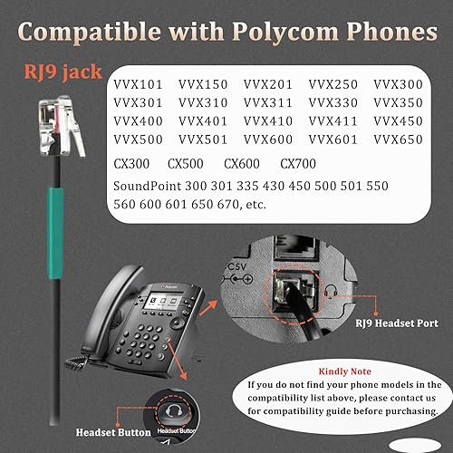 Vista 2 de Callez RJ9 Polycom Phone Headset with Noise Cancelling Mic & Volume Controls, Telephone Headset for Office Compatible with Polycom VVX250 VVX400