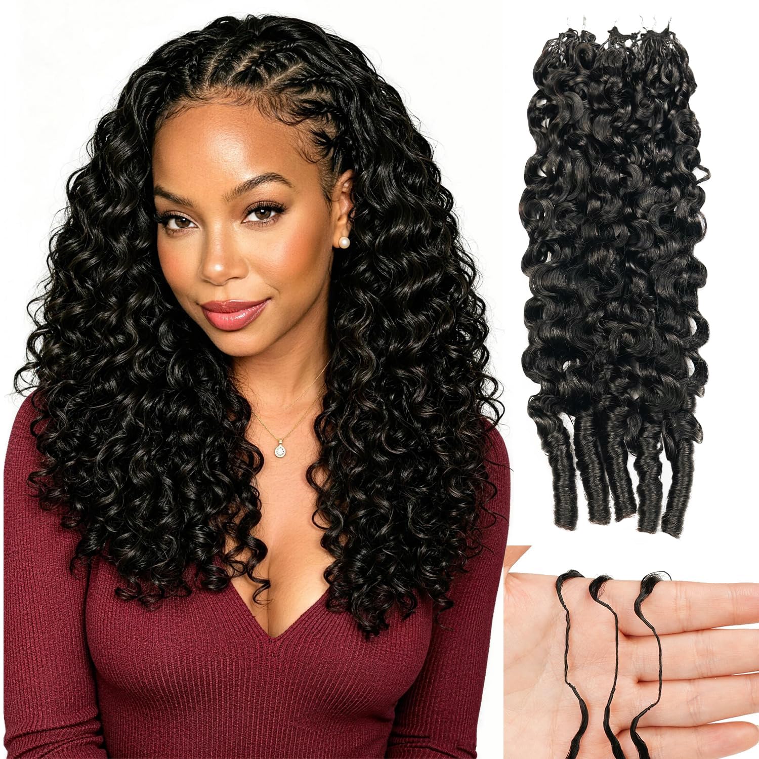 Burmese Curly Crochet Human Hair 18 Inch Feather Crochet Human Hair 50 Strands Pre Separated Invisible Miracle Knots Human Crochet Hair for Black Women #1B Natural Black