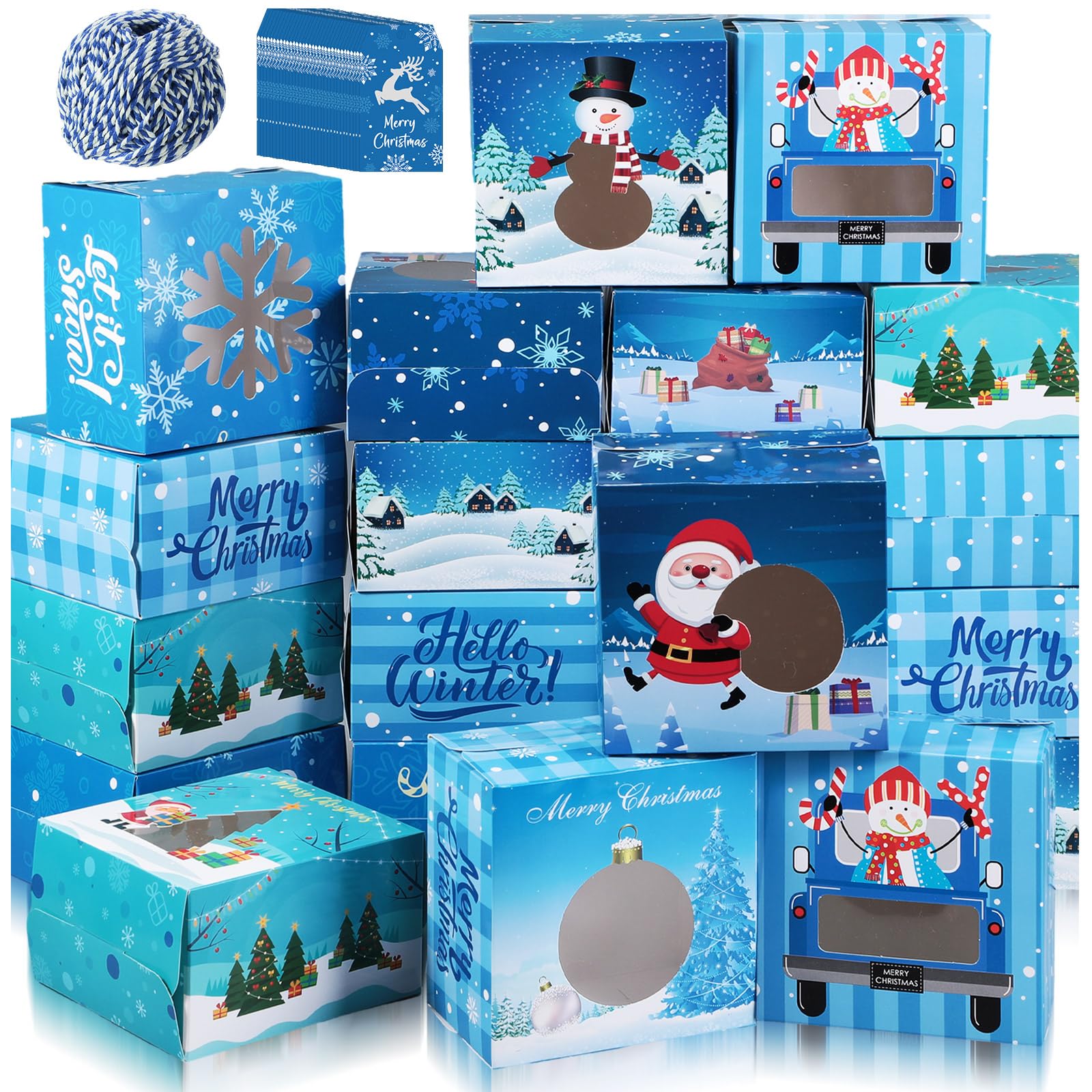 Qeeenar 120 Pack Snowflake Cookie Boxes Xmas Treat Bakery Boxes with Thank You Tags Hemp Rope PVC Window for Cupcake Goodie Candy Gift Party Favor