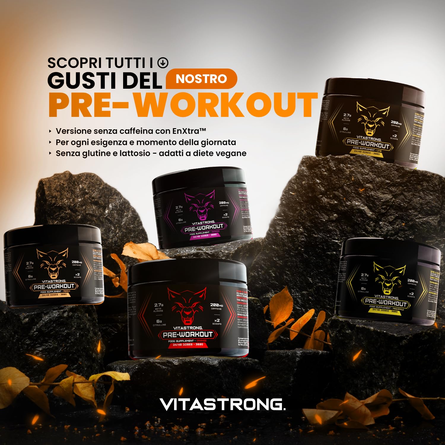 Pre Workout Potente 300g, con Vitamina B12, L Citrullina, Beta Alanina,Taurina, AstraGin, Vitastrong Pre Workout Made in Italy (24 Porzioni (Confezione da 1),Orange - No Caffeine)