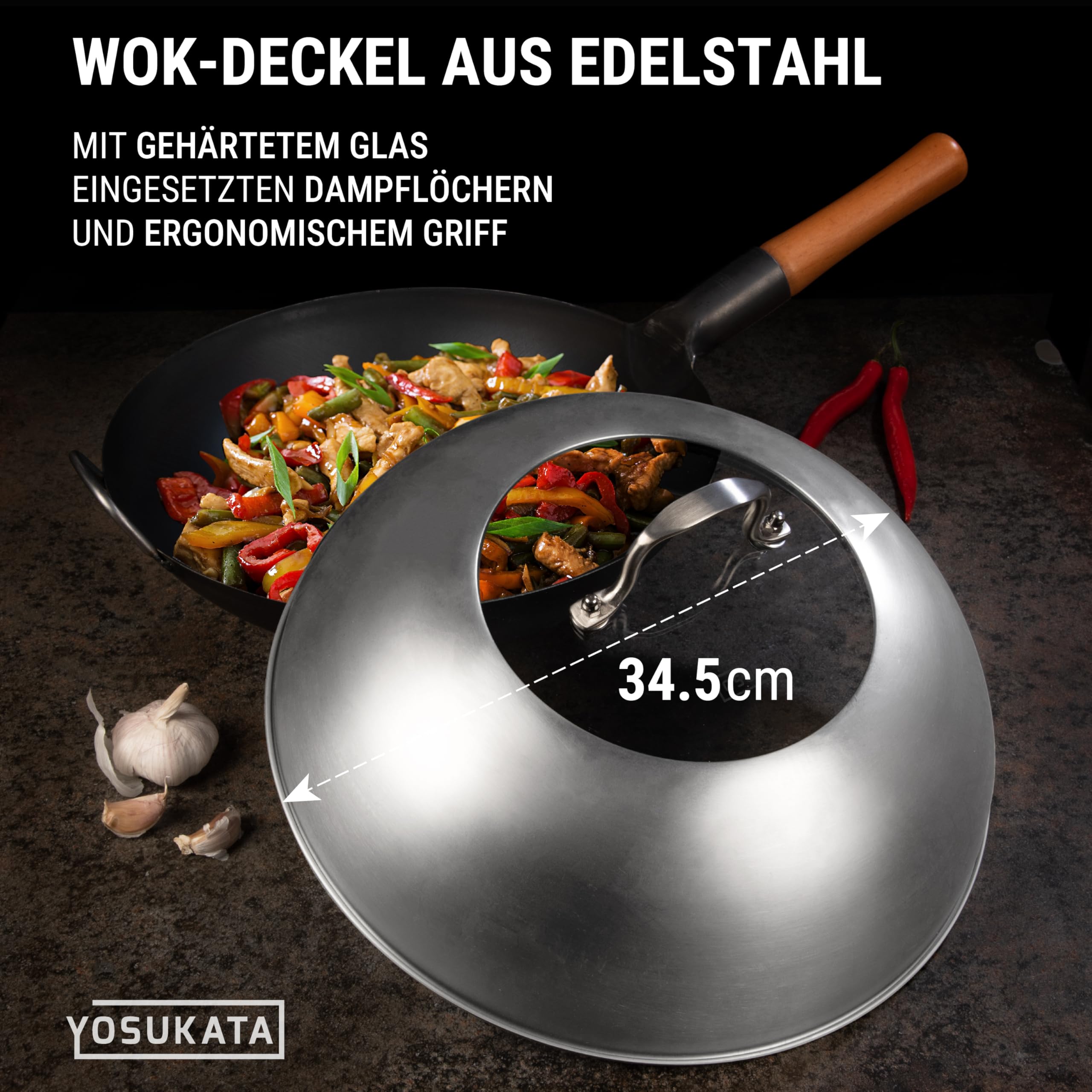 YOSUKATA Wok-Deckel 34,5 cm -Wokdeckel mit Gehärtetem Glas und Dampflöchern | Abdeckung für 36 cm Wokpfanne - Grill- und Käse-Schmelzkuppell - 304 Edelstahl Wok-Zubehör Spülmaschinenfest