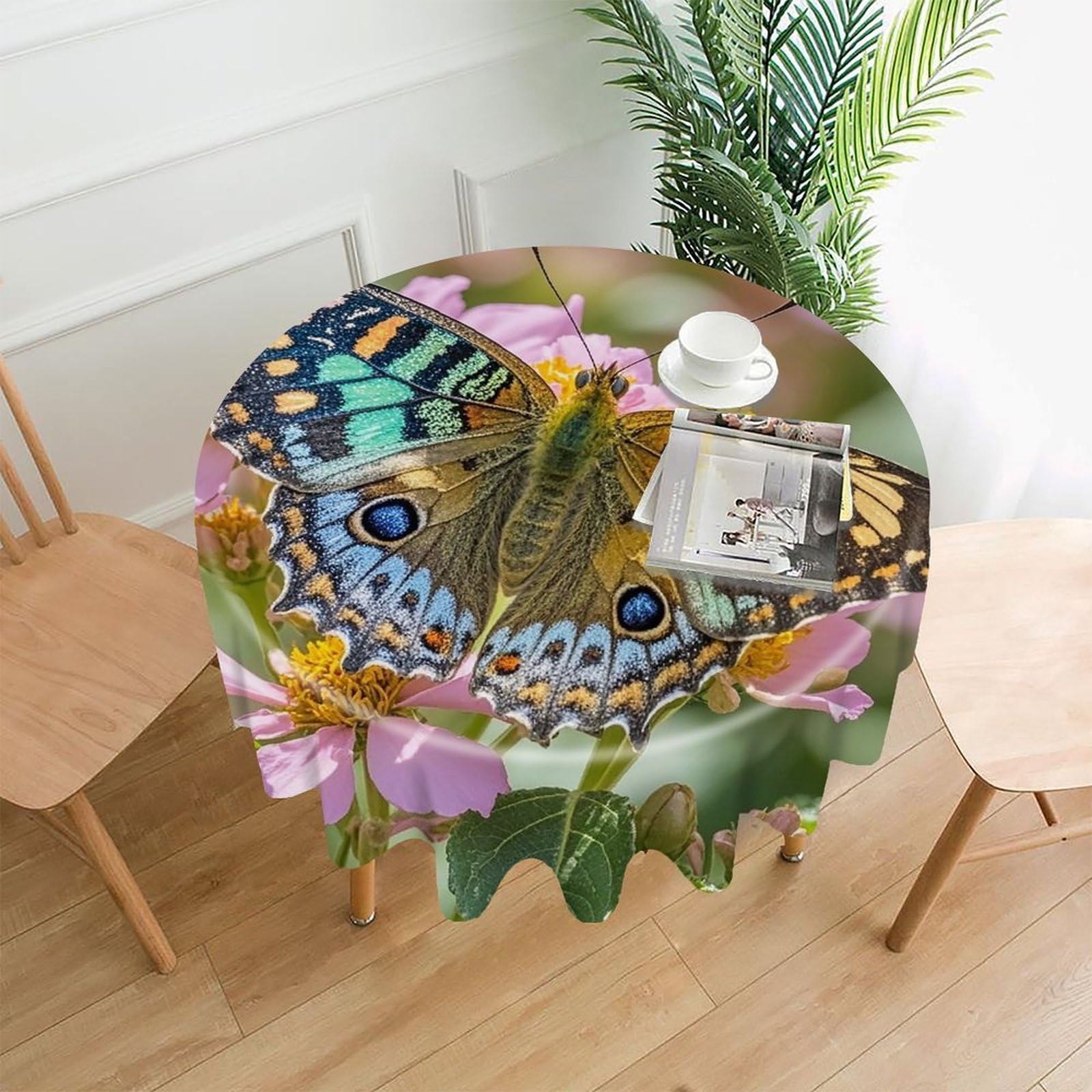 FekiLoot Butterfly Round Tablecloth Cover 60 Inch Wrinkle Free Washable Polyester Fabric Table Cover Decorative Round Table Cloth for Home Dining Kitchen Party Farmhouse