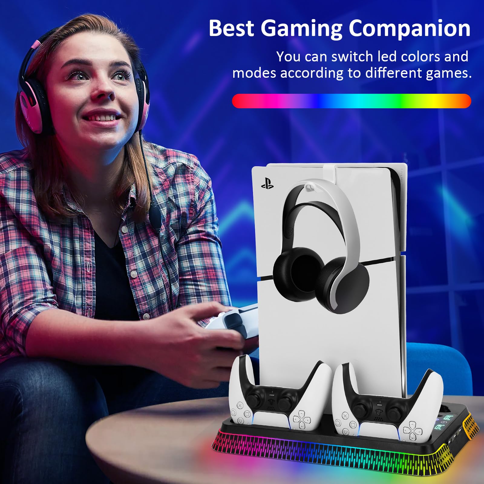 Supporto PS5 con Ventola di Raffreddamento & Luce RGB, Stazione di Ricarica Doppio Controller per PS5 & PS5 Slim Disc/Digital