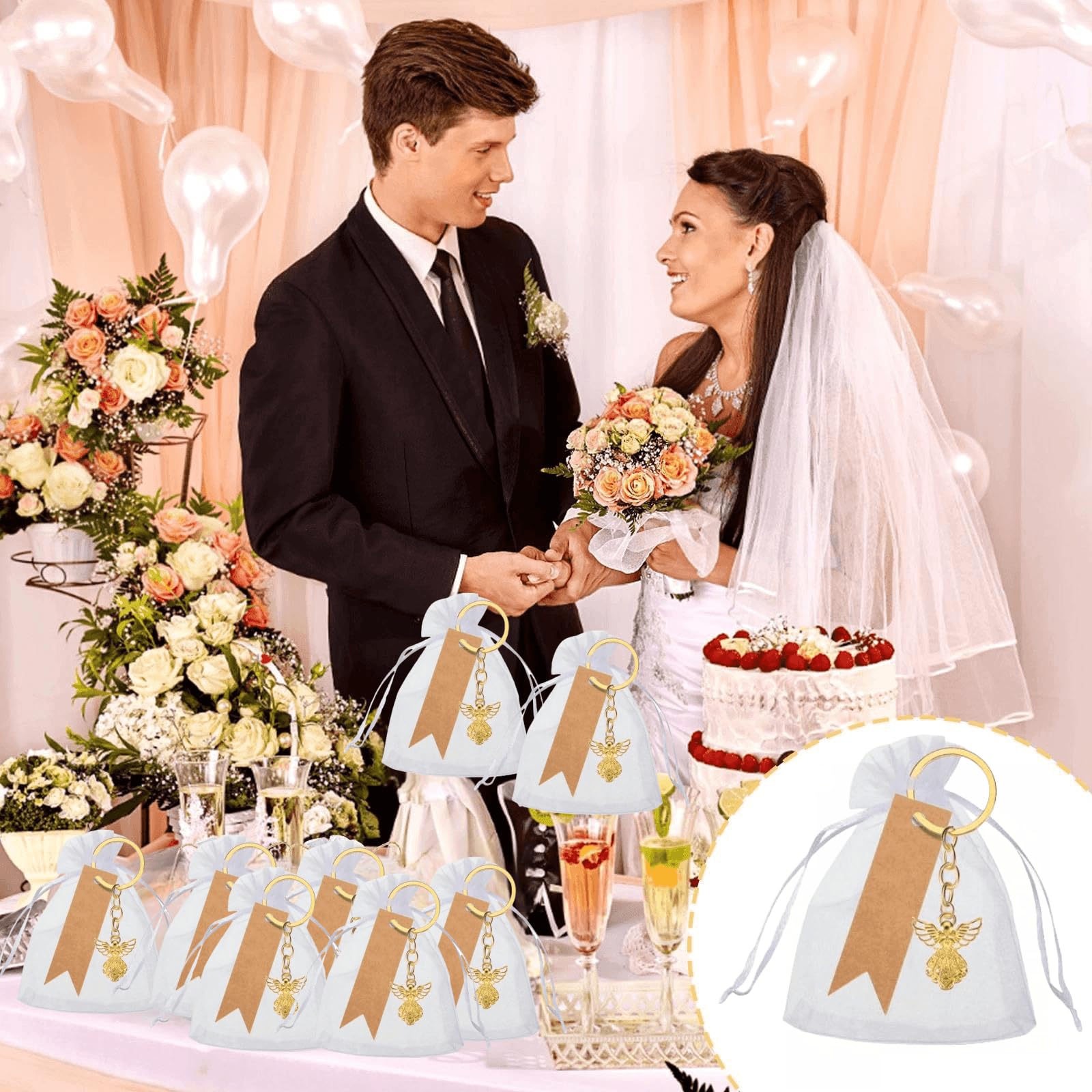 30 portachiavi a forma di angelo custode, regalo di nozze, regalo per ospiti, con etichette vuote e sacchetti in organza, per regali per feste, decorazioni per baby shower, oro