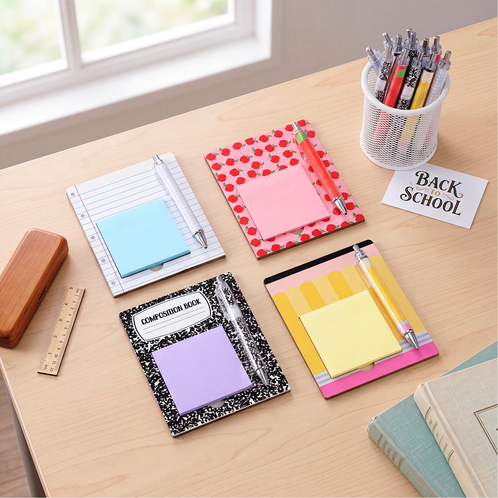 Eaasty 24 Set Back to School Stationery Gift, Black Gel Pen and Sticky Note Pad, Wooden Sticky Note Holder and Opp Bag, Teacher Appreciation Gift Bulk, School Supply and Office Accessory