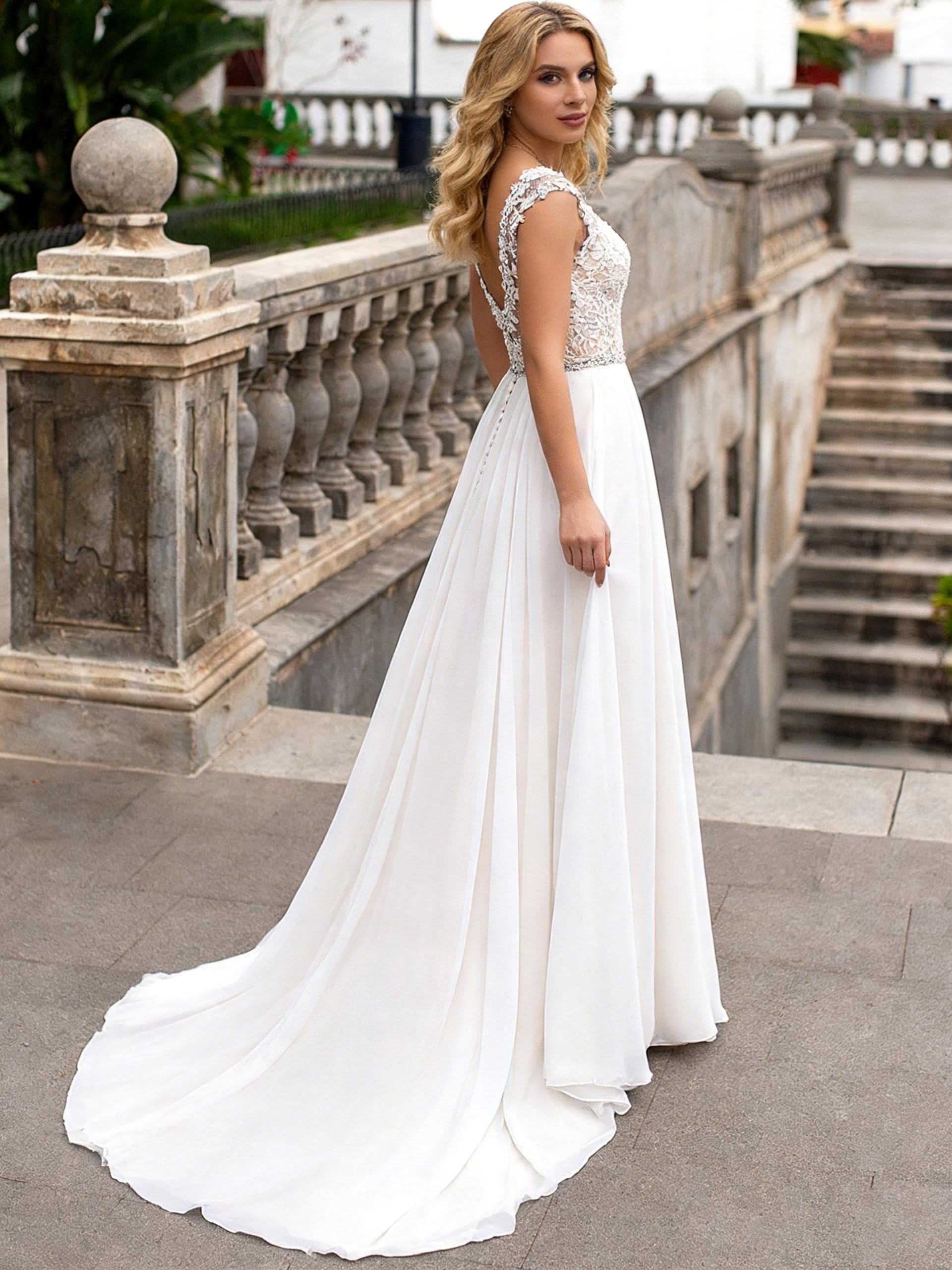 HUINI Damen Brautkleider Lang Prinzessin Hochzeitskleider Standesamtliche Chiffon A-Linie Brautmode Glitzer Vintage Brautkleider