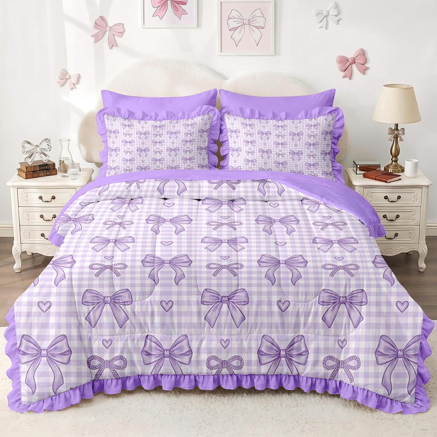 WeCozy Bow Comforter Set Twin Size, 5 Pieces Checkered Purple Bow Ruffle Bedding Set for Girls, Bed in a Bag with 1 Ruffle Pillowcase & 1 Sham
