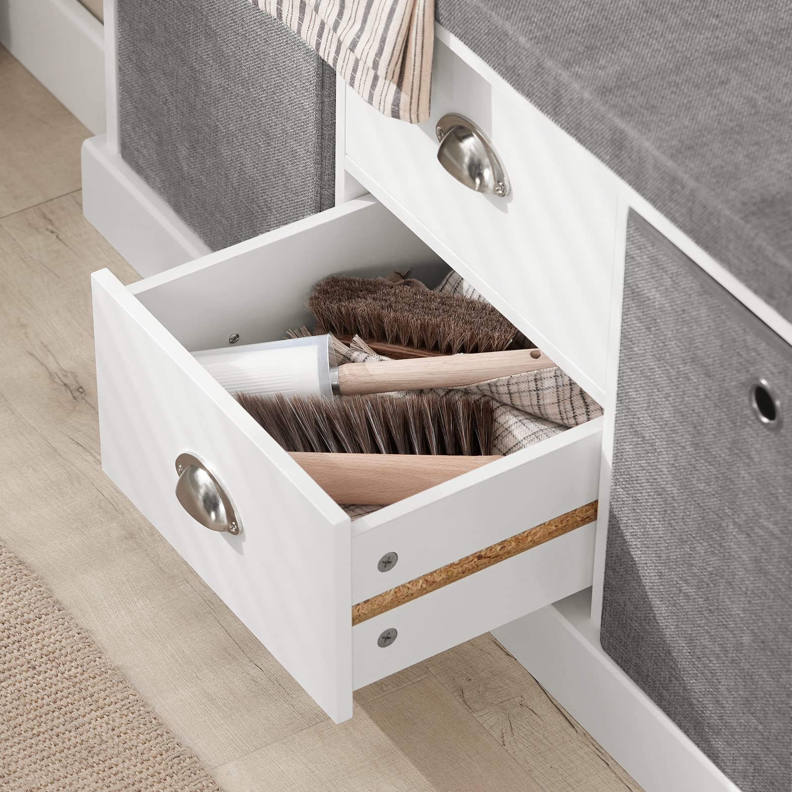 SoBuy Banc de Rangement avec Coussin Rembourré, Meuble Bas Entrée, Commode à Chaussure avec 2 Tiroirs et 2 Paniers,Armoire à Chaussure, pour Entrée, Salon, Blanc et Gris, 100x35x50 cm, FSR66-HG