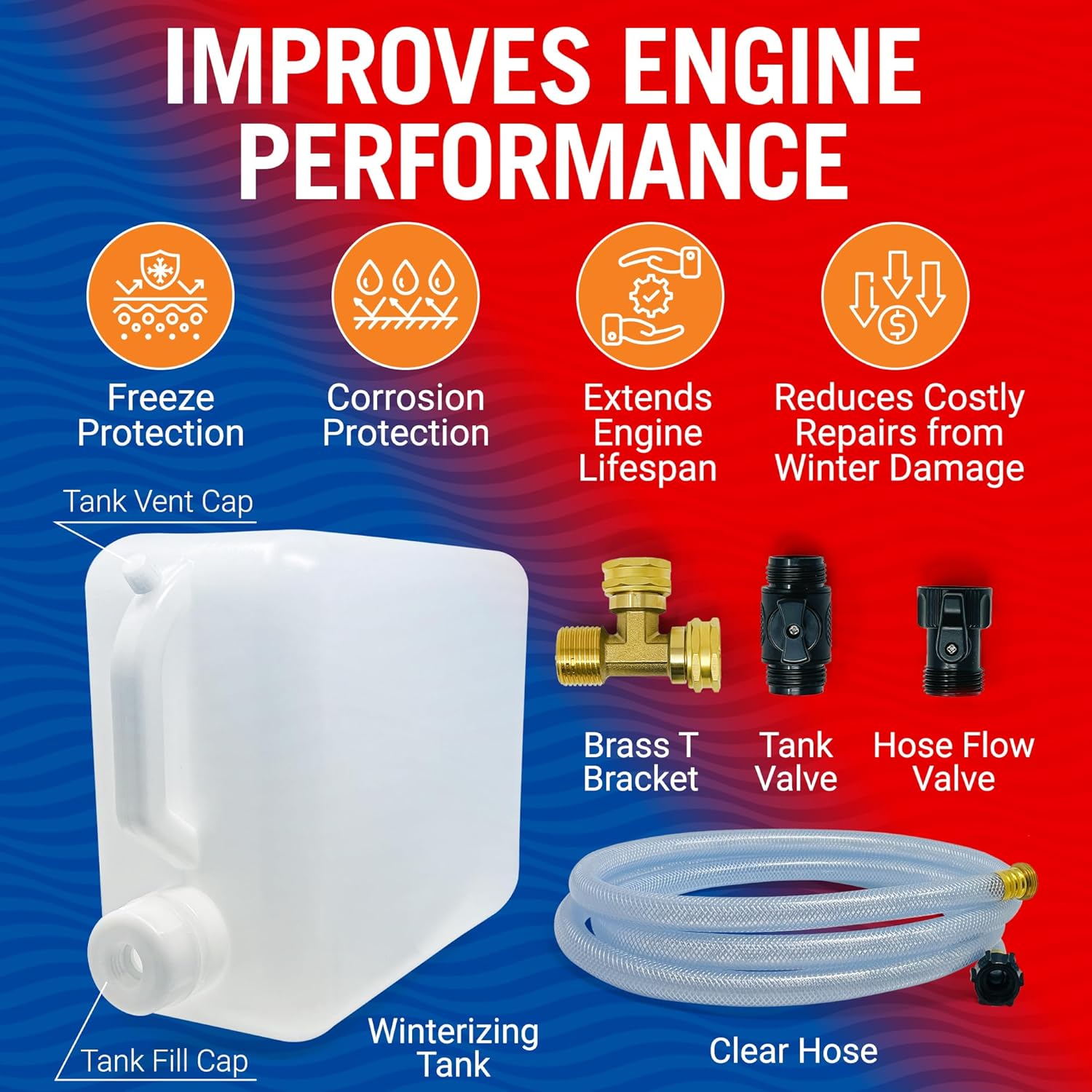 Boat Winterizing Kit and RV Winterizing Kit, 5-Gallon Antifreeze Tank with Hose and Adapters, for Marine Engines, Outboard Motors, RVs, Campers, and Winterization Flushing