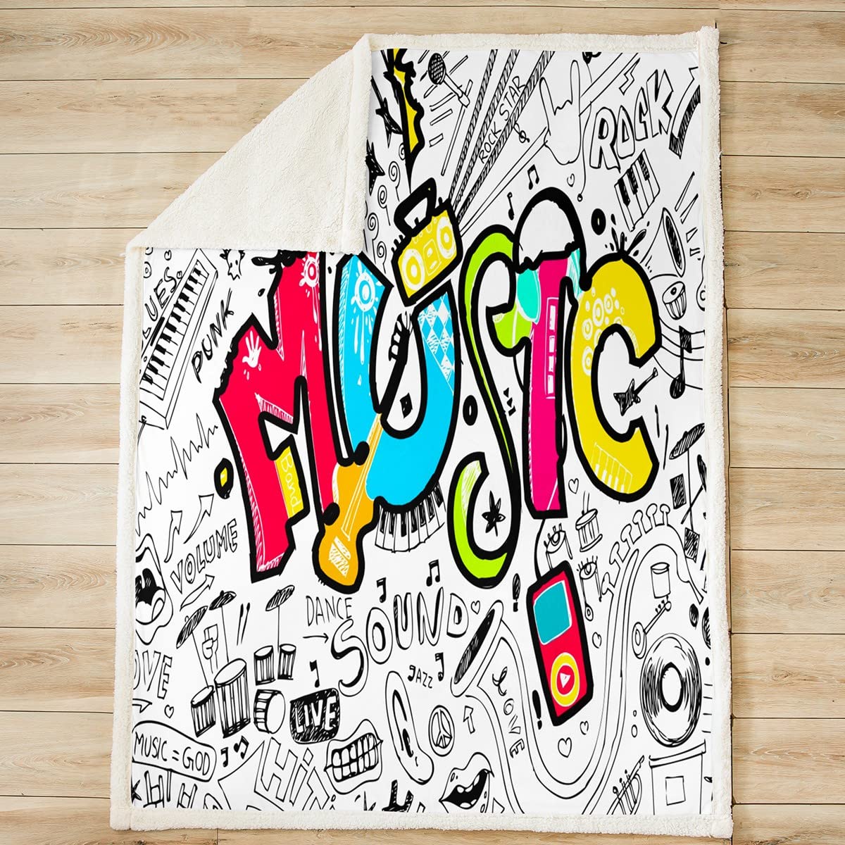 Hippie - Coperta in pile con graffiti, per bambini, ragazzi, ragazze, hip hop, musica sherpa, coperta musicale in peluche grunge, arte fuzzy, 200 x 200 cm