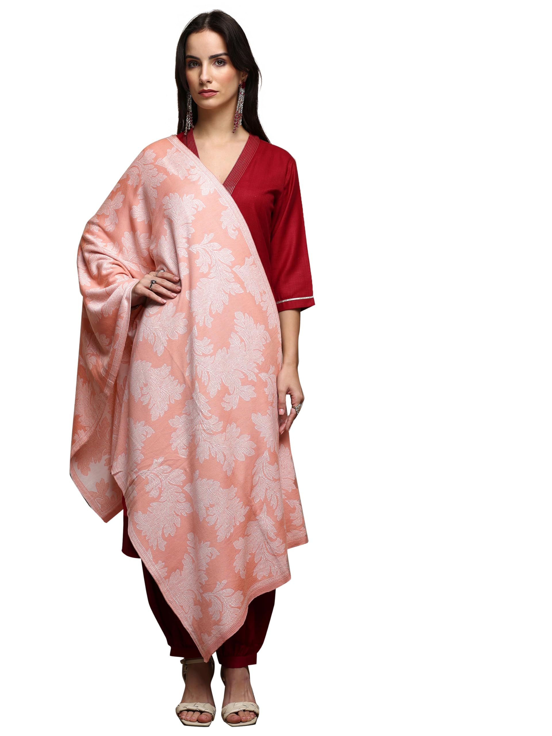Peach floral woven design shawl-image-0