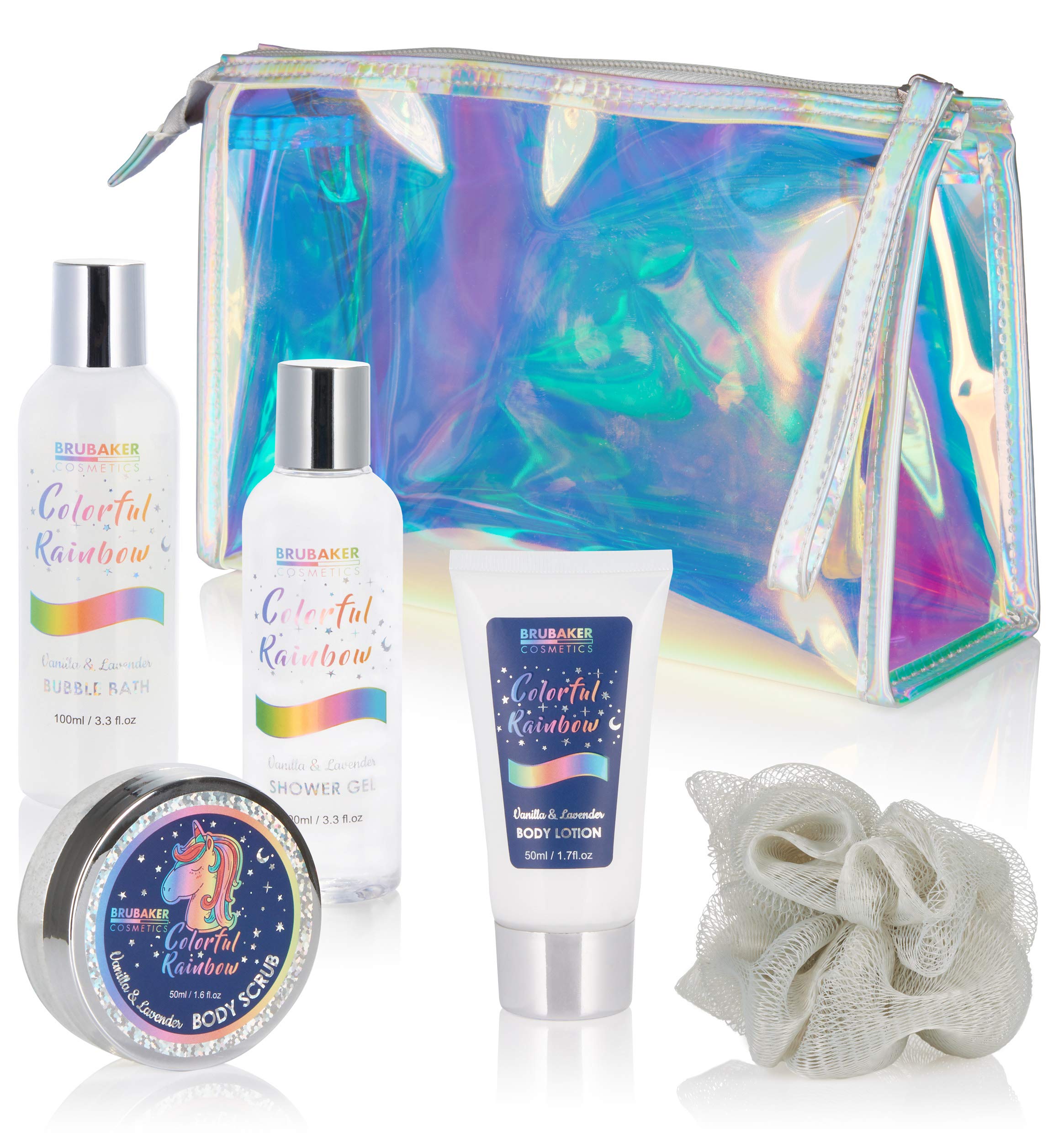 BRUBAKER Cosmetics 6-pcs Unicorn Bath and Shower Set Colorful Rainbow - Gift Set with Vanilla Lavender Scent in Cosmetic Bag