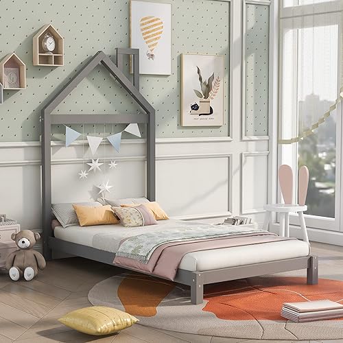 Harper & Bright Designs Cama infantil de tamaño individual con cabecera en forma de casa, cama de suelo para niños pequeños con listones de madera