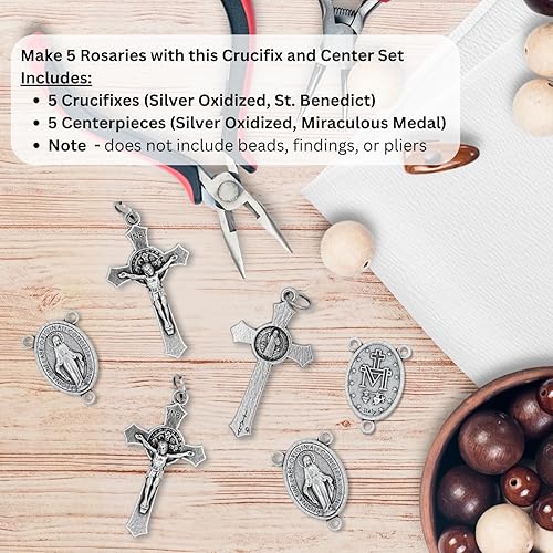Miniatura 4 de Caritas et Fides Kit de rosario italiano para 5 rosarios  Cruz y centro de rosario católico con crucifijo de San Benito de 1.5 pulgadas y medalla