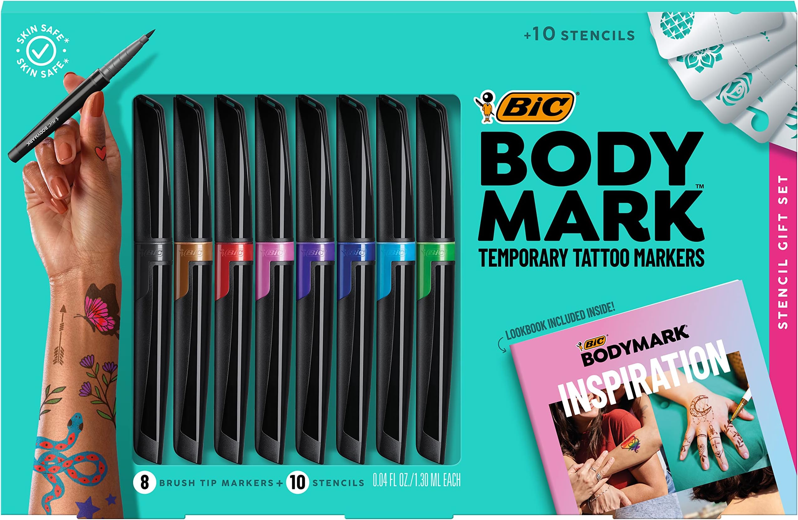 BIC BodyMark Temporary Tattoo Markers for Skin, Stencil Gift Set, Flexible Brush Tip, 8-Count Pack of Assorted Colors, Skin-Safe, Cosmetic Quality