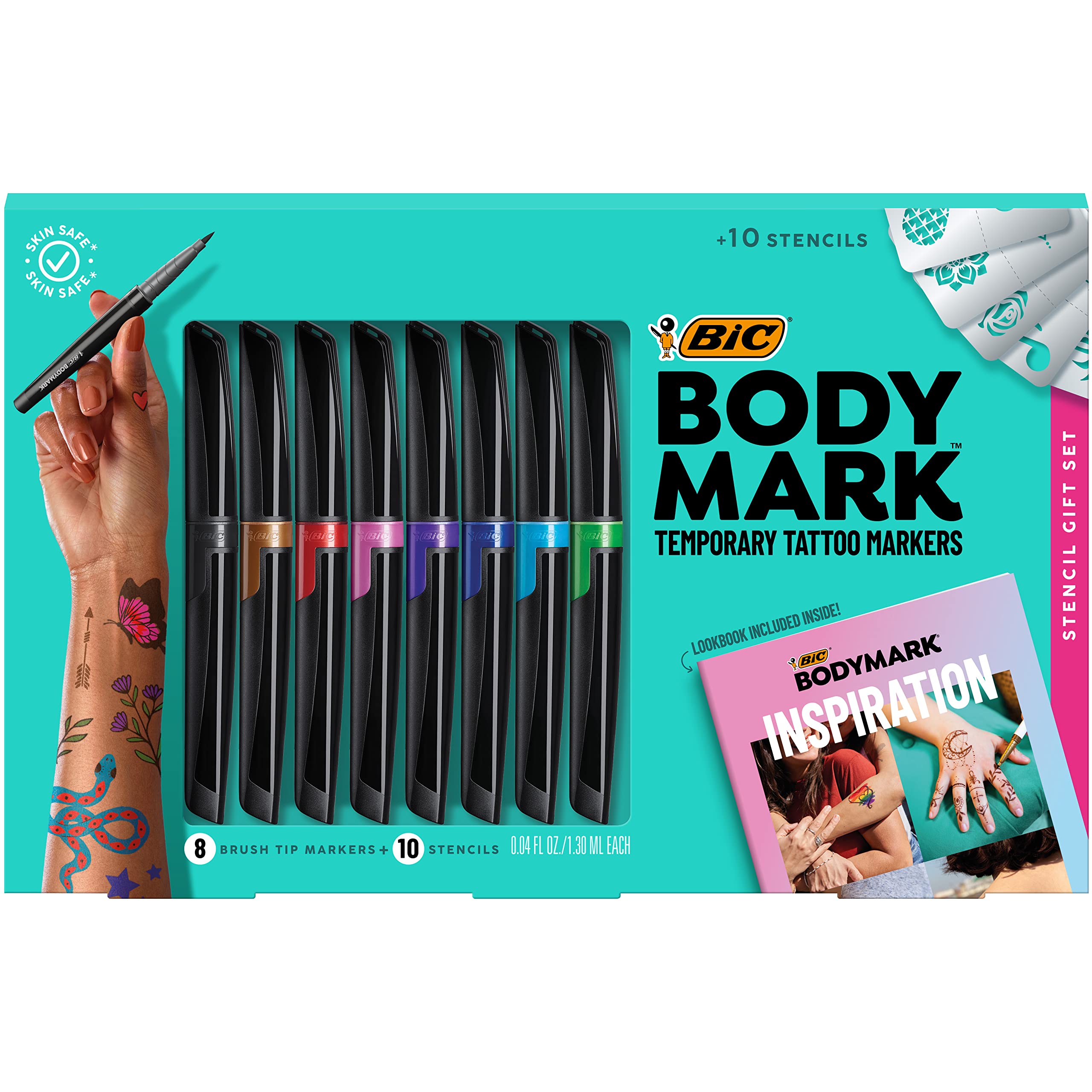 BIC BodyMark Temporary Tattoo Markers for Skin, Stencil Gift Set, Flexible Brush Tip, 8-Count Pack of Assorted Colors, Skin-Safe, Cosmetic Quality