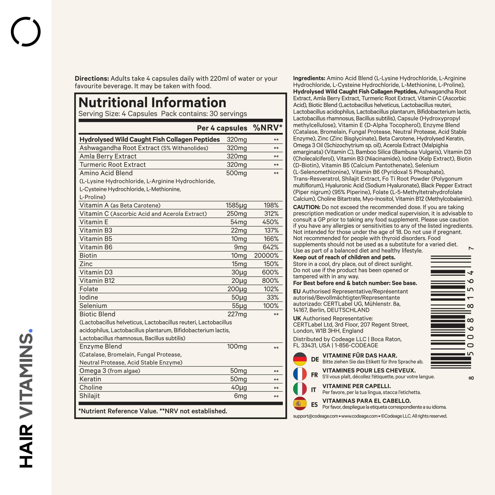 Codeage Haarvitamine 10000 Mcg Biotin, Keratin, Kollagen, Vitamin A, B12, C, D3, E, Zink, Kurkuma, Probiotika Enzyme Unterstützung Der Haarpflege Nahrungsergänzungsmittel Für Gesundes Haar 120 Kapseln