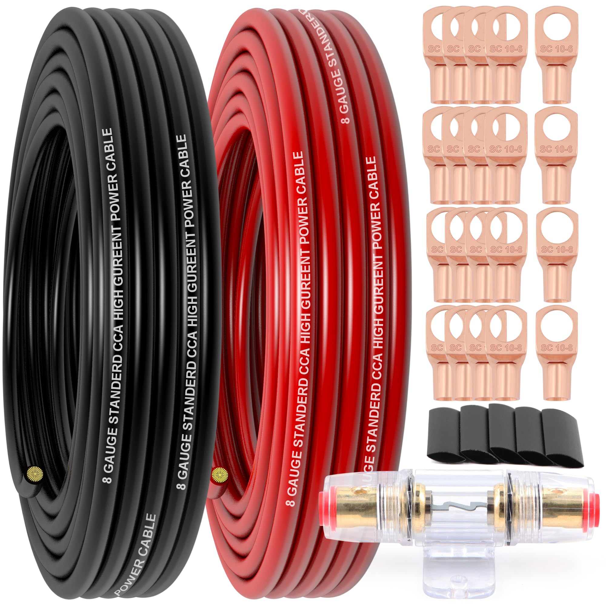 8 Gauge Wire (25FT Red+25FT Black) Copper Clad Aluminum CCA,60A Fuse Holder,20 Pcs Lugs,20 Pcs 2:1 Heat Shrink Tubes,Car Amplifier Power&Ground Cable,