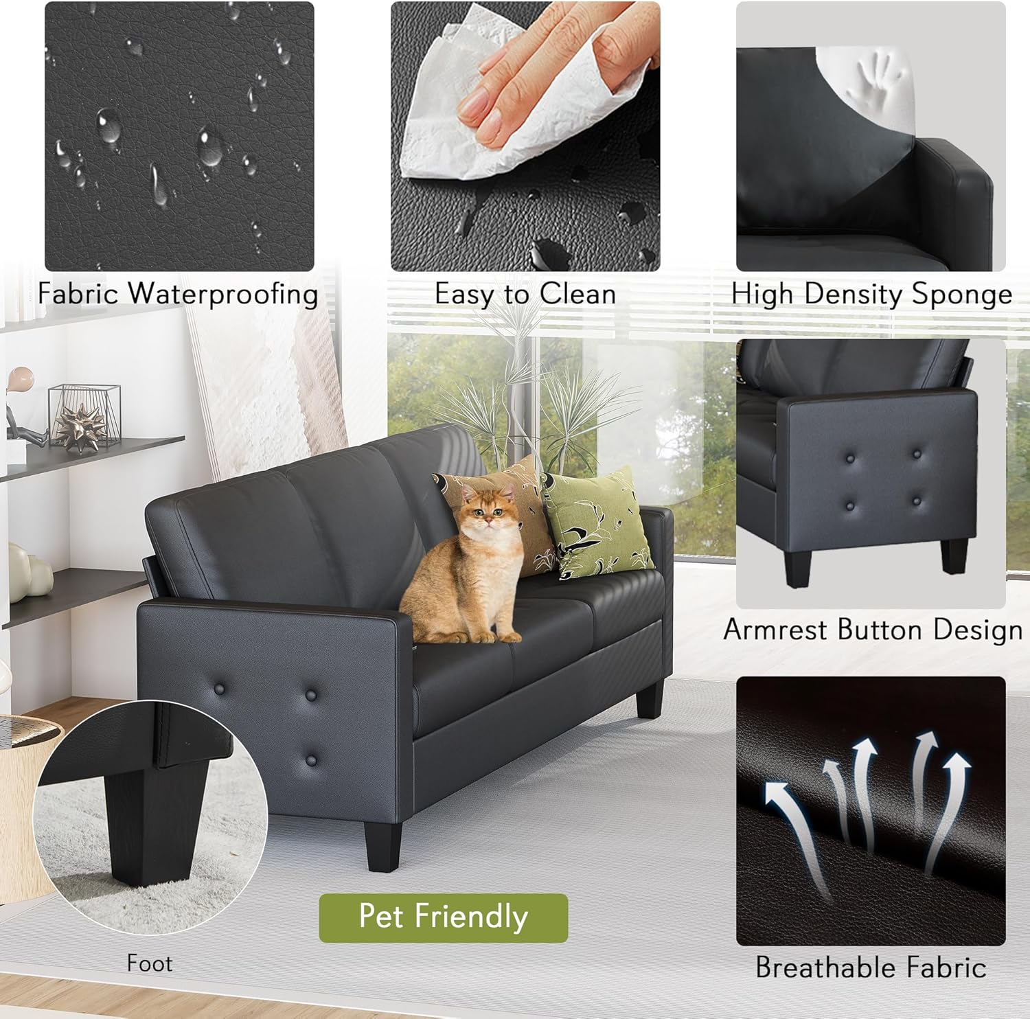 STHOUYN Black Faux Leather 3 Seater Sofa and Accent Chair, Modern Comfy Office Furniture Set, Small Loveseat Couch with Tufted Armrest and USB, 2 Pieces Living Room Furniture Sets (3+1)