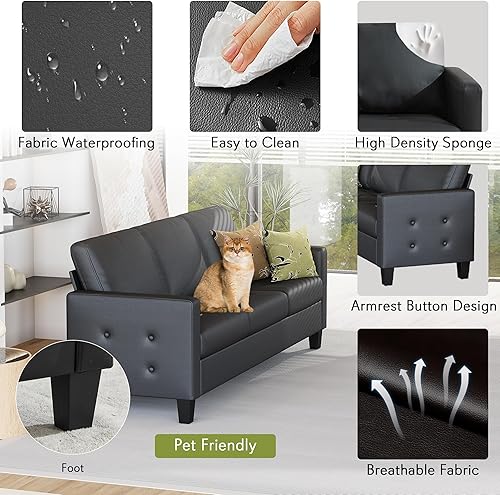 Miniatura 4 de STHOUYN Sofá de piel sintética negra de 73 pulgadas, moderno y cómodo sofá de 3 plazas con reposabrazos copetudo y USB, sofás pequeños para sala de