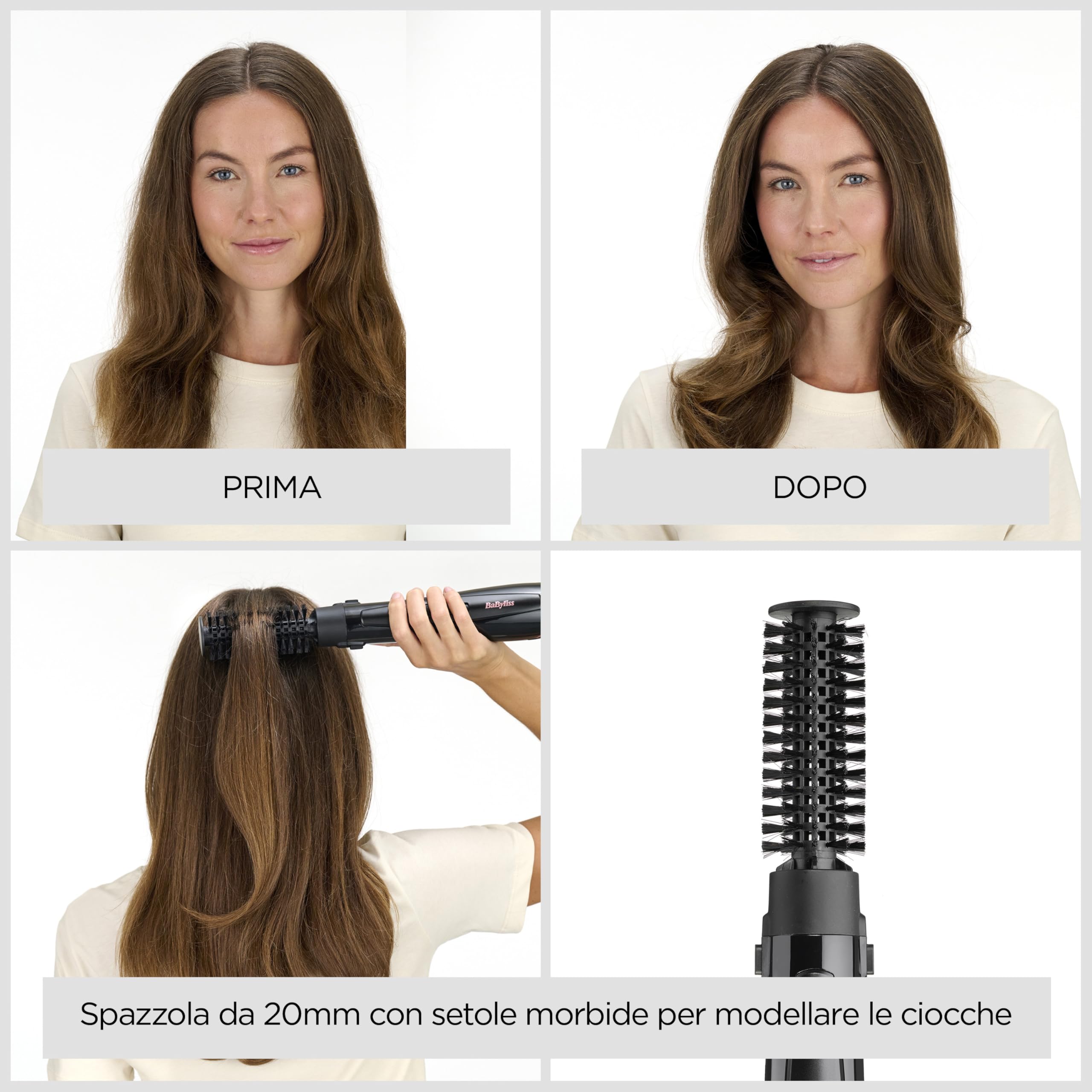 BaByliss Spazzola ad aria, 4 accessori intercambiabili per lisciare, modellare e dare volume, funzione anti-crespo, 2 temperature + aria fredda, AS126E