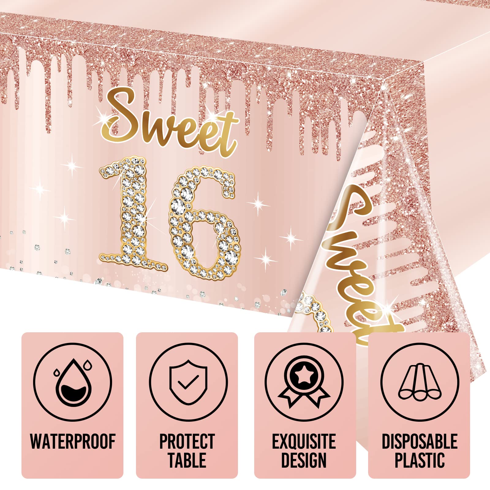 Sweet 16 różowe złoto obrus urodzinowy dekoracje - szesnaście lat