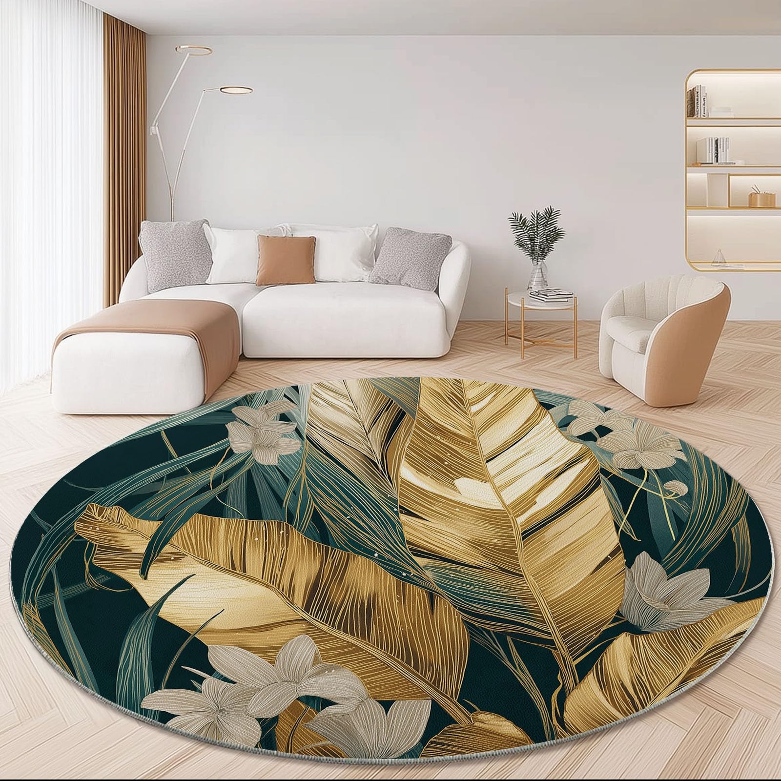 Générique Tapis Rond 160 cm Motif Feuilles de Bananier Dorées sur Fond Vert Foncé, Tropical Chic, Poil Court Antidérapant, Lavable, Idéal Salon, Salle à Manger, Chambre, Élégance et Confort