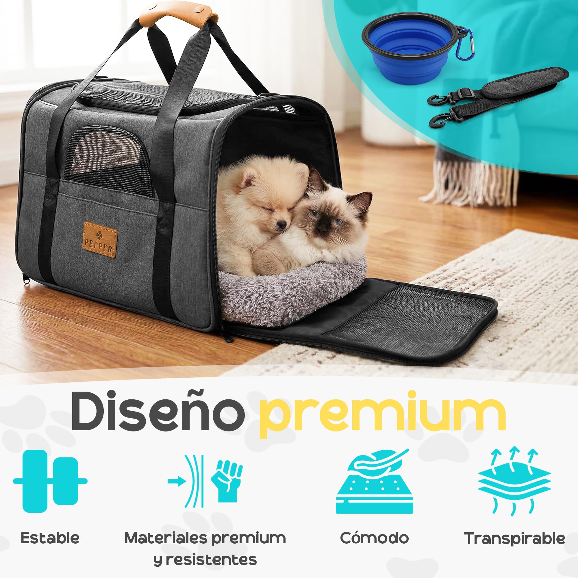 PEPPER® Transportin Gato Perro Pequeño | Bolsa de Transporte Plegable y Transpirable con Ventilación 360º Cómodo y Seguro con Bebedero Plegable, Cojín Suave Lavable y Correa de Hombro Ajustable