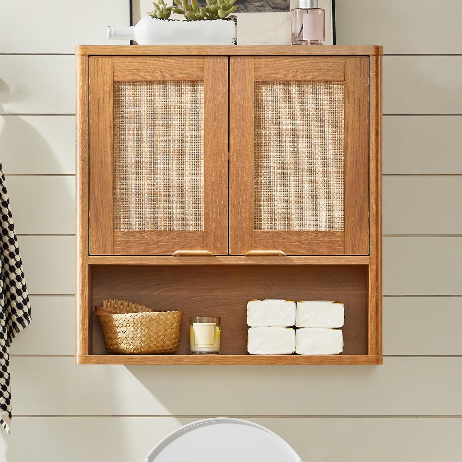 Lerliuo Rattan Bathroom Wall Cabinet, Boho Medicine Cabinet with Adjustable Wood Shelf, 2 Doors Over The Toilet Storage Cabinets for Laundry Room, Kitchen, Living Room, Tea Brown